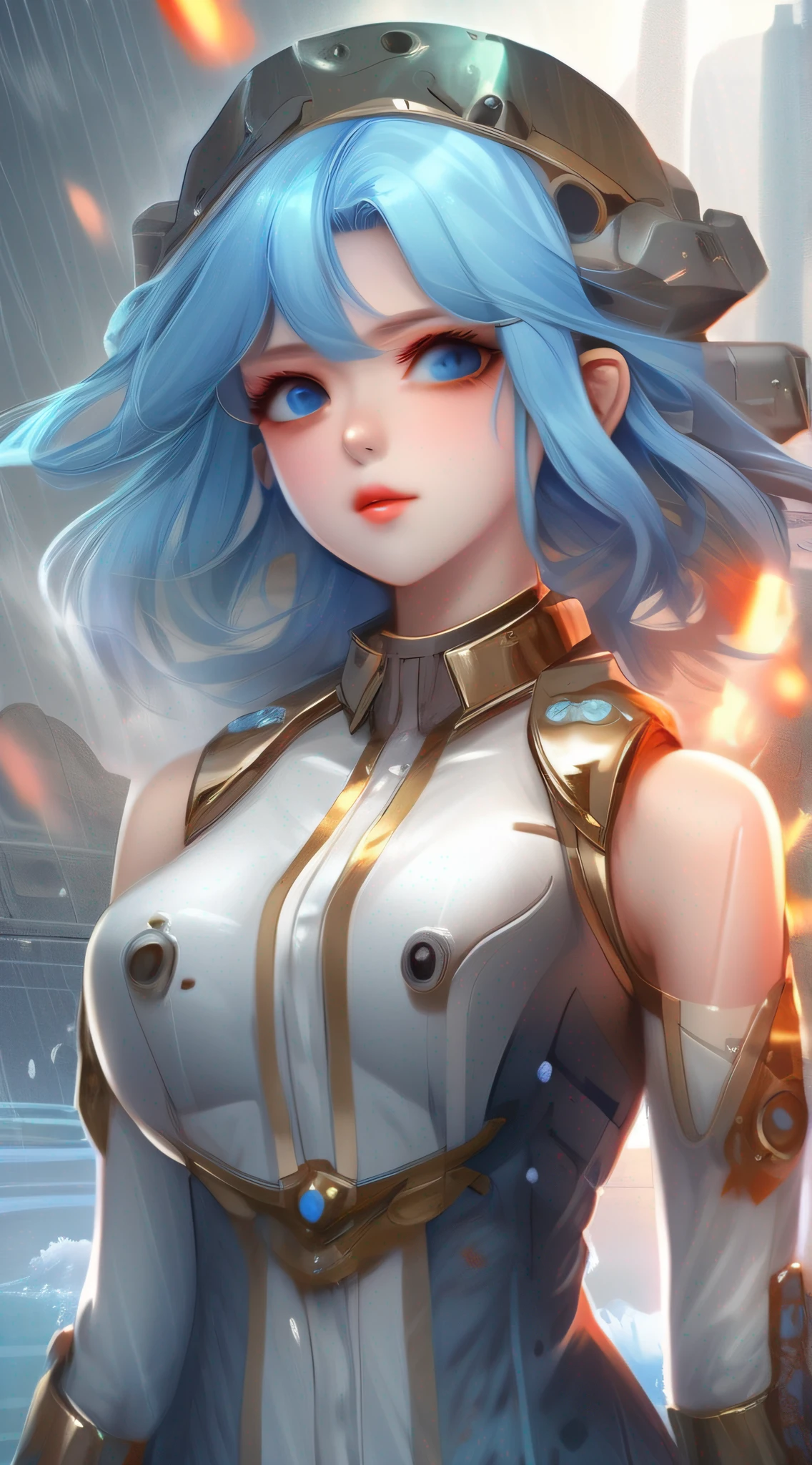 masterpiece, exquisite, illustration, {beautiful and meticulous girl}, beautiful and detailed halo, (fire of war: 1.2), (nuclear explosion behind: 1.3), rain, detailed lighting, detail water, (beautiful and detailed eyes: 1.1), expressionless, palace, sky blue hair, scattered hair, long bangs, eyebrows, (white-gray dress: 1.1), black ribbon, white bow tie, upper abdomen, big forehead, dull, flower, long sleeves