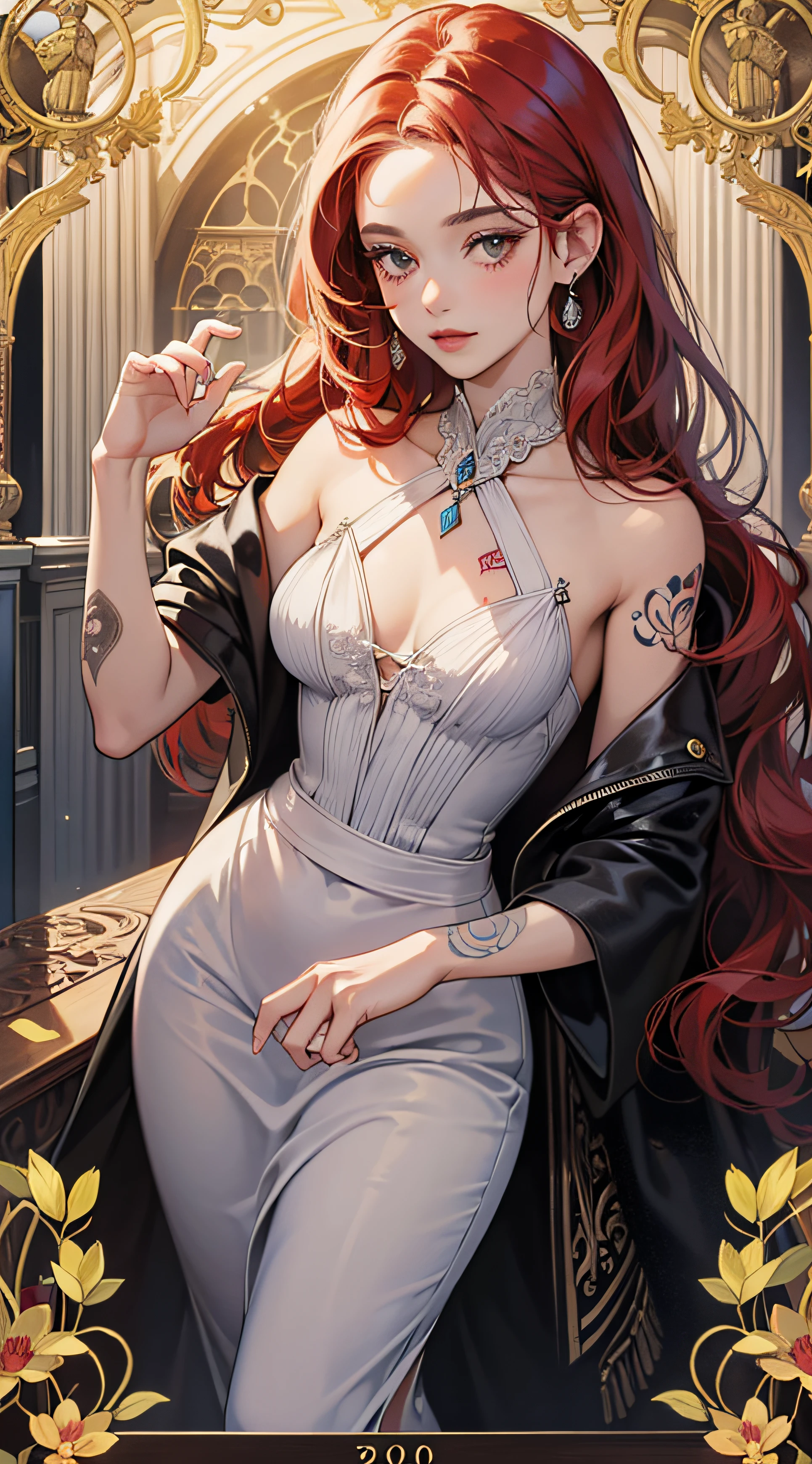 Masterpiece,high quality,highly detailed,impeccable,intricate,horridtarot call girls of the year 1920 long red hair,tattooed,cabaret --auto