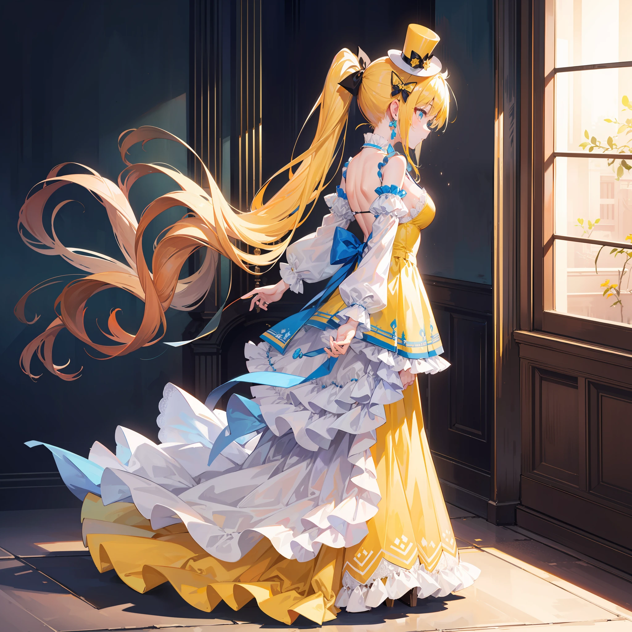 Masterpiece, best quality, (very detailed CG Unity 8k wallpaper) (best quality), (best illustration), (best shadow) (full body picture), double ponytail girl, light blue princess dress, big bow back ornament, yellow tunic, top hat headdress, yellow haired girl, cute, cute