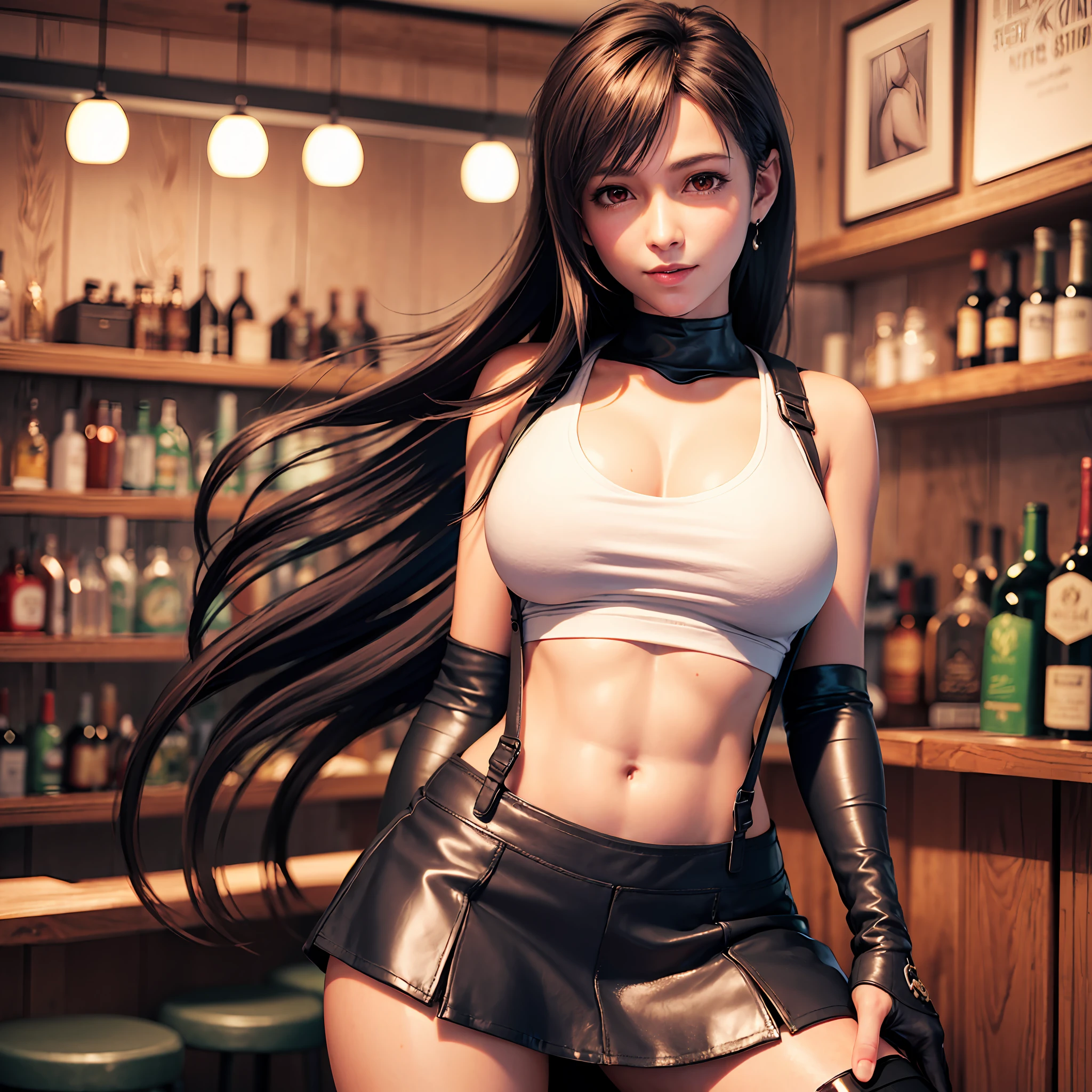 8k,masterpiece, bset quality,big, (1 girl), tifa lockhart, red_eyes, black hair, long hair, shiny skin, shiny big, ((best quality)), crisp focus: 1.2, highly detailed face and skin texture, detailed eyes, perfect face, perfect body, art, cg, blur background, big with presence, (20yo, Mature cool and beautiful face), wearing (((suspender black skirt)),(( black elbow gloves, white taut shirt, thigh, white tank top, navel, blush)), jukebox, old bar, upper body, smile, professional light source, fluttering hair, dynamic, random angle,