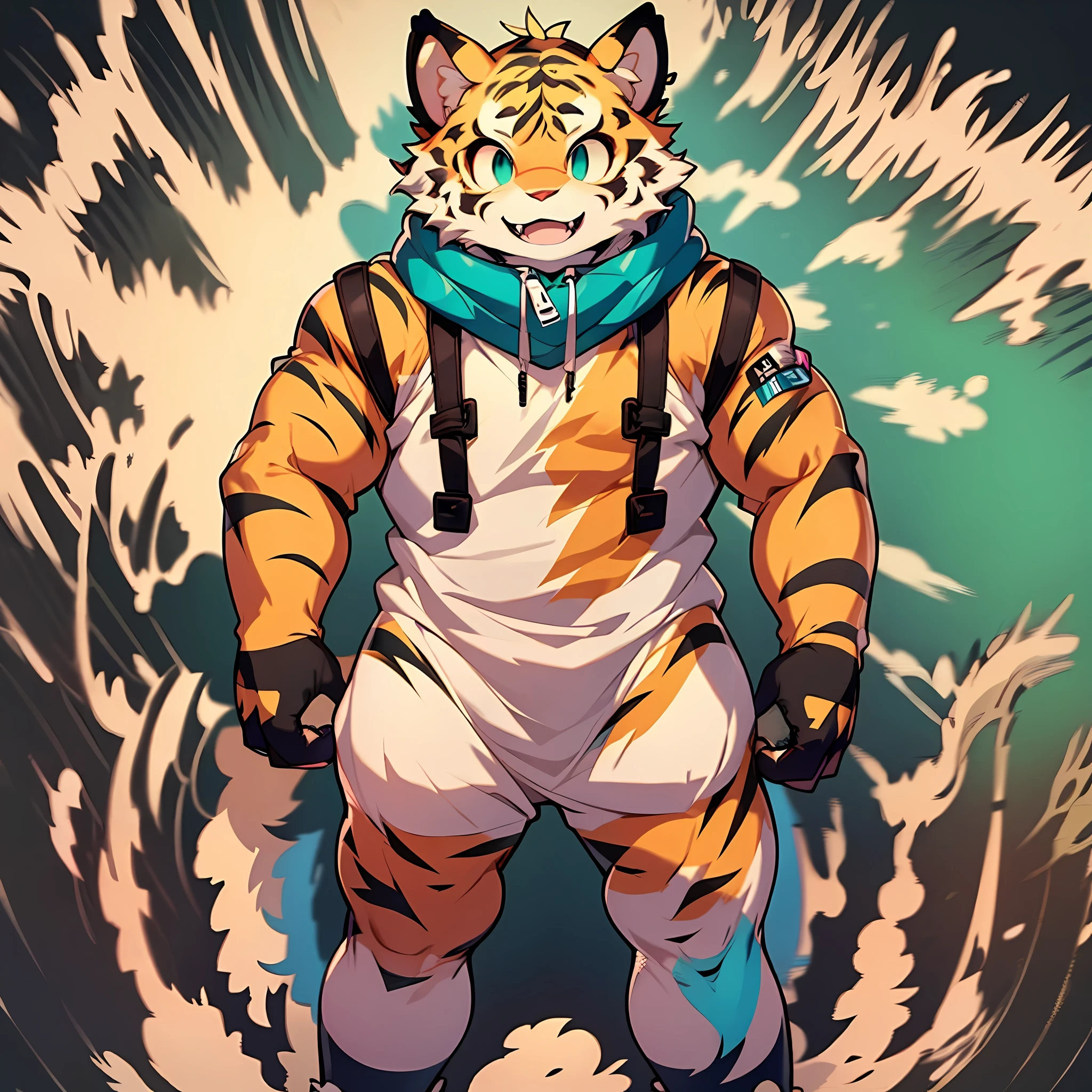Furry Tiger Forelimb Legs and Feet Standing Cheerful, Gentle and Robust Big Brother Overall Yellow Head, Arms, Body and Legs with Brown Pattern All over the body with pink flesh pads Eyes Turquoise Furry Sweatshirt Two ears