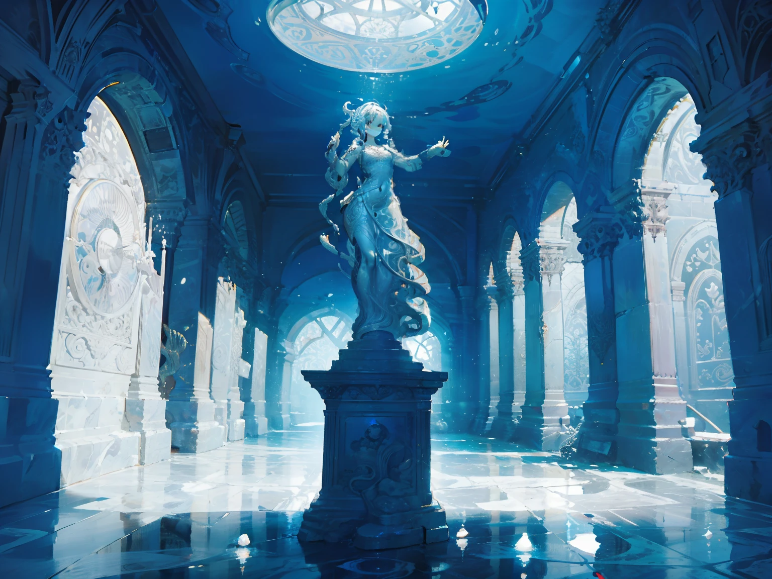 Underwater Ruins, The pedestal at the center of the chamber stands as a focal point, drawing attention with its enigmatic aura. It is a beautifully crafted structure, made of polished marble with intricate carvings adorning its sides. The carvings depict scenes of aquatic creatures, swirling currents, and arcane symbols. (Masterpiece: 1.2) (Best quality: 1.3)