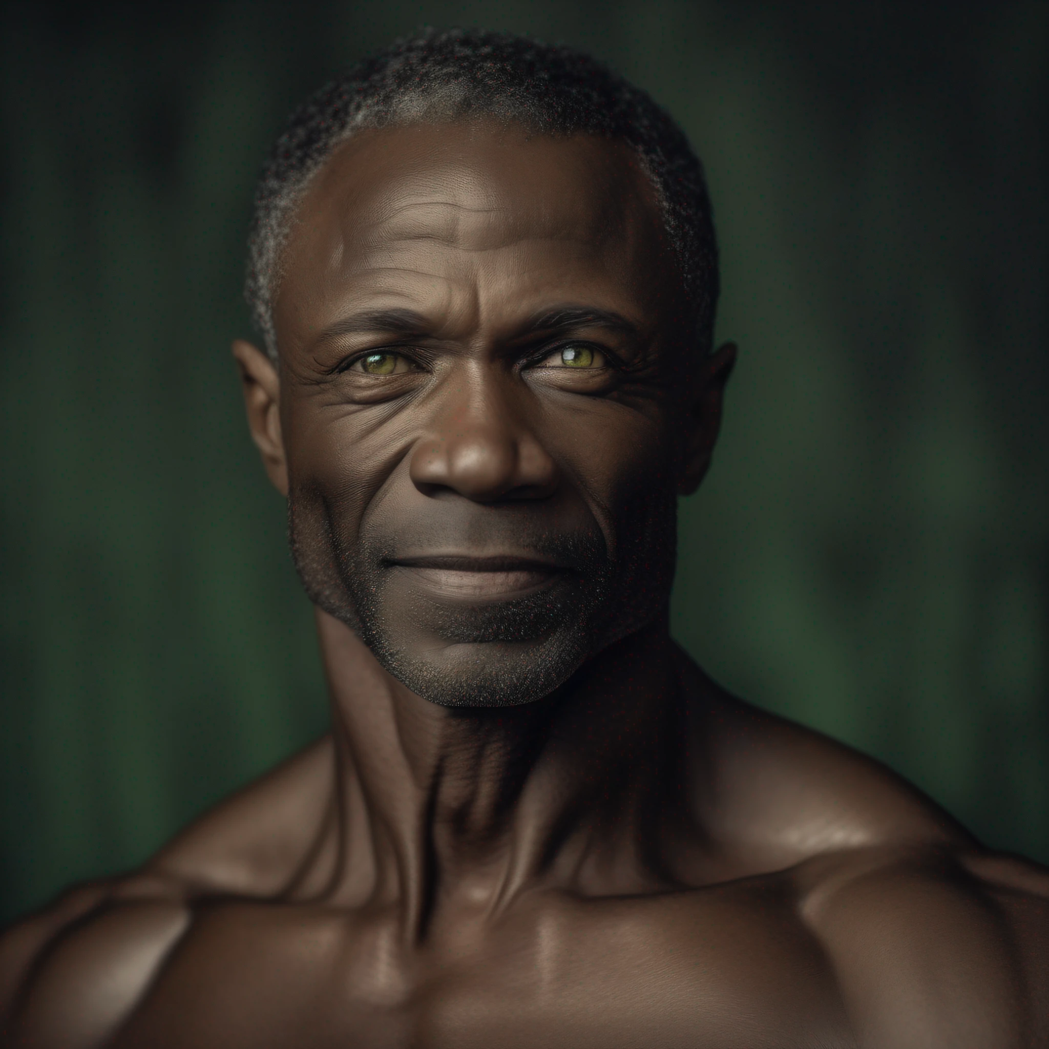 Black male, close up, muscular, green eyes, 60 years old