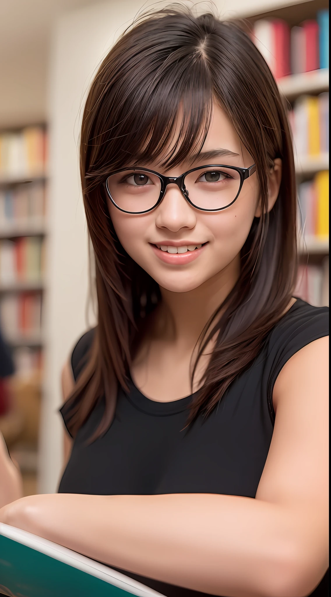 (8k, RAW photos, best quality, high resolution: 1.1), (ultra-realistic: 1.4), (realistic, photorealistic: 1.3), soft light, girl, , Japan person, realistic face, realistic body, realistic skin, , absurdity, masterpiece, (cute: 1.8), cuties, solo, (t-shirt: 1.2), glasses, detailed black eyes, innocent eyes, cheeks, (cleavage: 1.2), Cinema Light, Film Grain, Short Hair, ((Big: 1.1)), Cherry Colored Lips, Close-up, Look Viewer, Upper Body, Open Lips, Upper Teeth, (Smiling Eyes: 0.6), ((grinning: 1.2)), Depth of Field, Blurred Background, Eye Focus, Bokeh, Reading in Library, 85mm Lens, f/1.4, Professional Lighting, Young, Portrait, Photon Mapping, radiosity, and physically based rendering