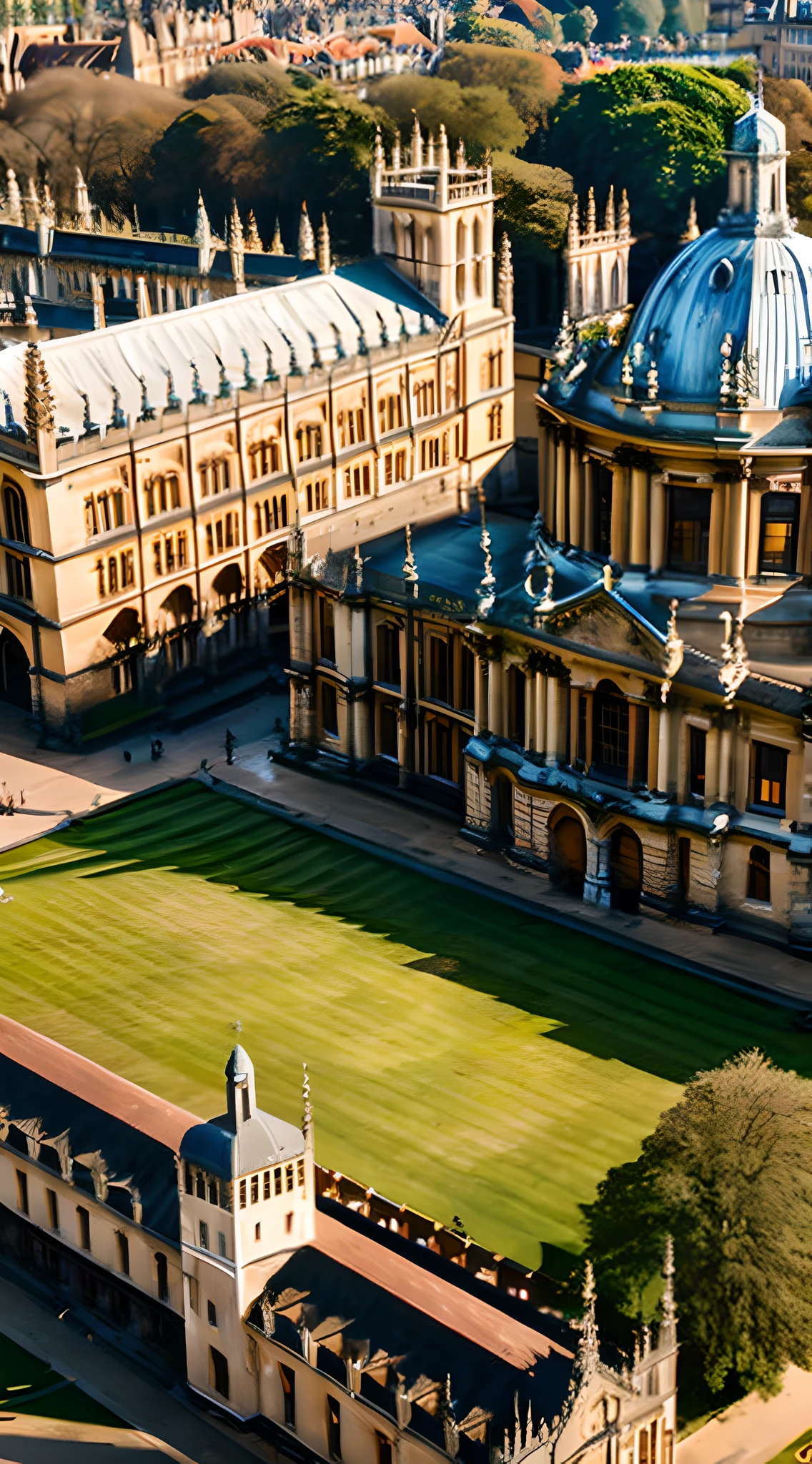 (masterpiece, vintage style, HDR:1.3), aerial photograph of the University of Oxford, (historic buildings and beautiful architecture:1.2), steeped in history, time-worn facades, grand spires, towering Gothic structures, sprawling courtyards, meticulously maintained gardens, vibrant green lawns, (detailed textures and intricate details:1.4), warm sunlight casting gentle shadows, nostalgic ambiance, sepia-toned, capturing the timeless splendor of one of the world's oldest universities, side view, wide shot, looking down in awe.