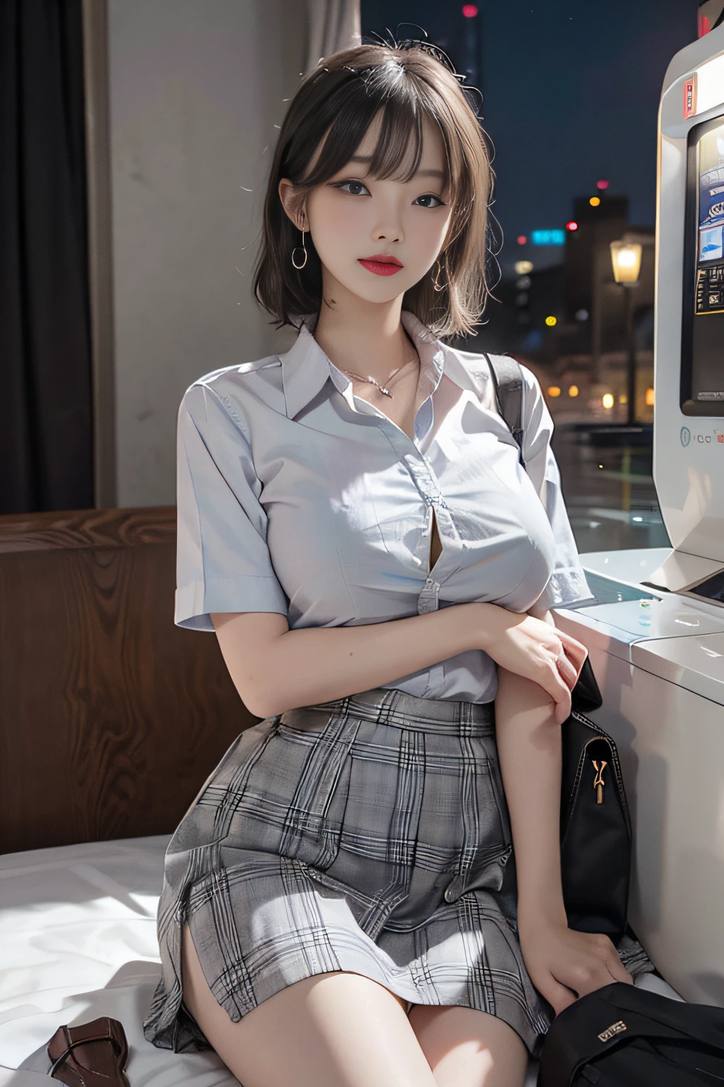 Best quality, RAW photo, super high resolution, bright silver hair, bright gray hair, gentle smile, raising one corner of mouth, 16 year old korean, very big breasts, school uniform, collared shirt, school uniform shirt, tight school uniform, plaid skirt, fair skin, shiny white skin, short bob, beautifully matched bangs, beautiful eyes of random color, very thin lips, beautiful eyes in detail, elongated eyes, pale pink blush, long eyelashes, beautiful double eyelids, eyeshadow, necklace, earrings, night hotel, ATM in the hotel, ATM next to the bed
