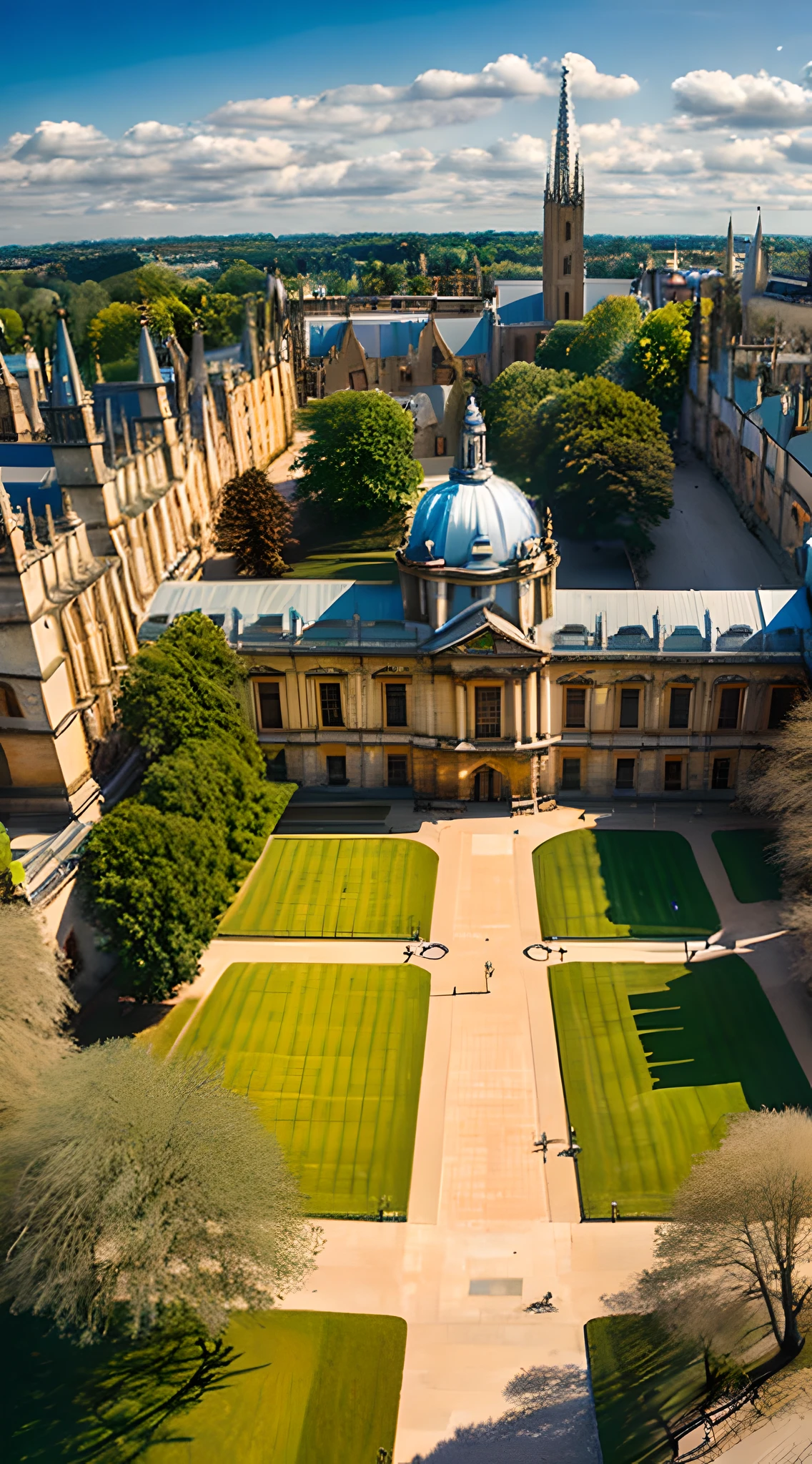 (best quality, vintage style, HDR, official art:1.2), aerial photograph of the University of Oxford, (showcasing its historic buildings:1.2), architectural gems, renowned colleges, impressive chapels, elegant libraries, (detailed stonework and ornate carvings:1.4), lush courtyards, meandering pathways, (dappled sunlight filtering through trees:1.1), serene river flowing nearby, warm color palette, inviting atmosphere, nostalgic charm, top-down perspective, capturing the academic haven from above.