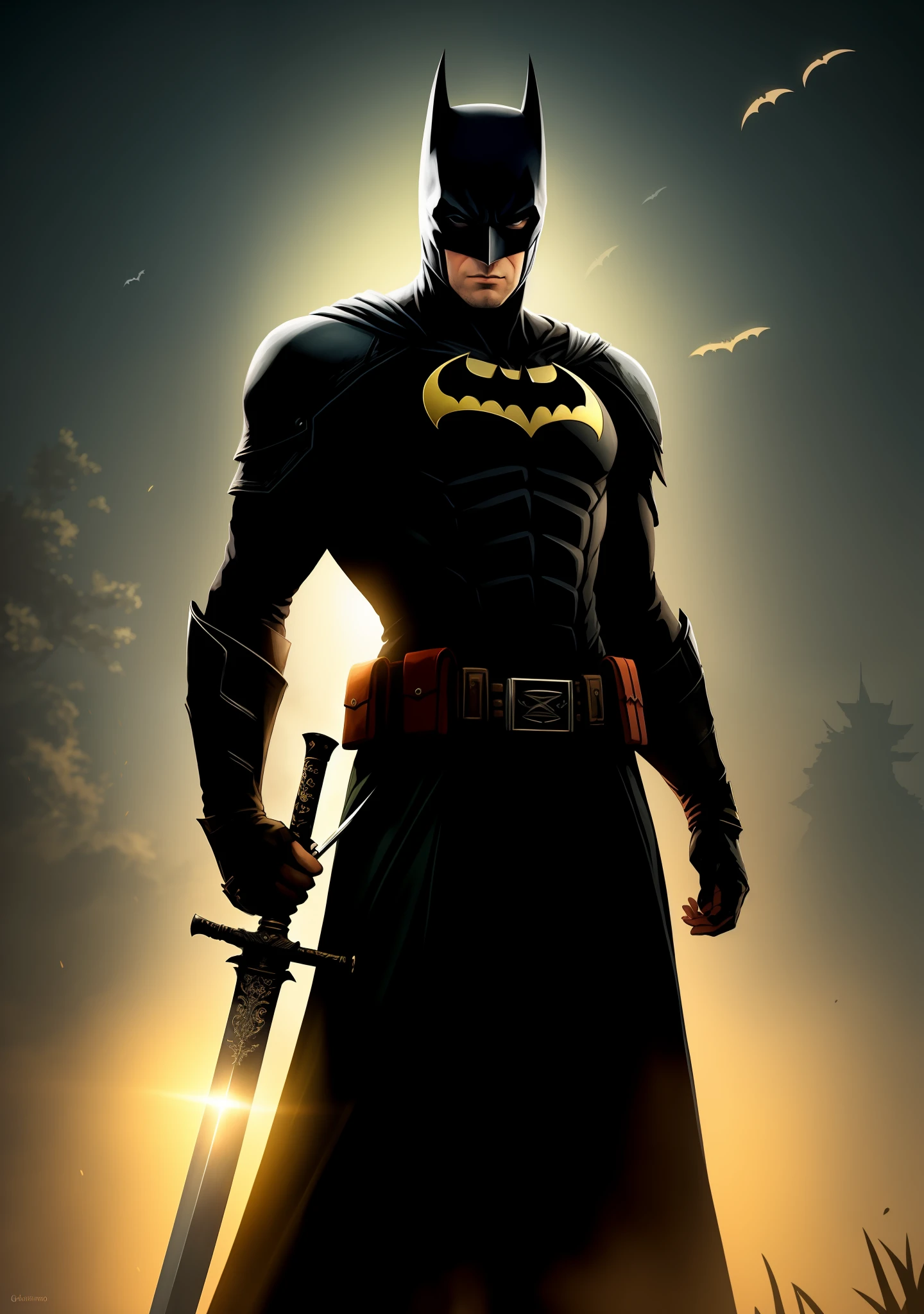 Batman (The Bat Man) holding a sword, Sekiro, urban fantasy centered, digital yellow red sun, in Amino, 2D game background, 'If everything can start again, in a soft green light dawn, G - final man, Kano, avatar image, wanderer