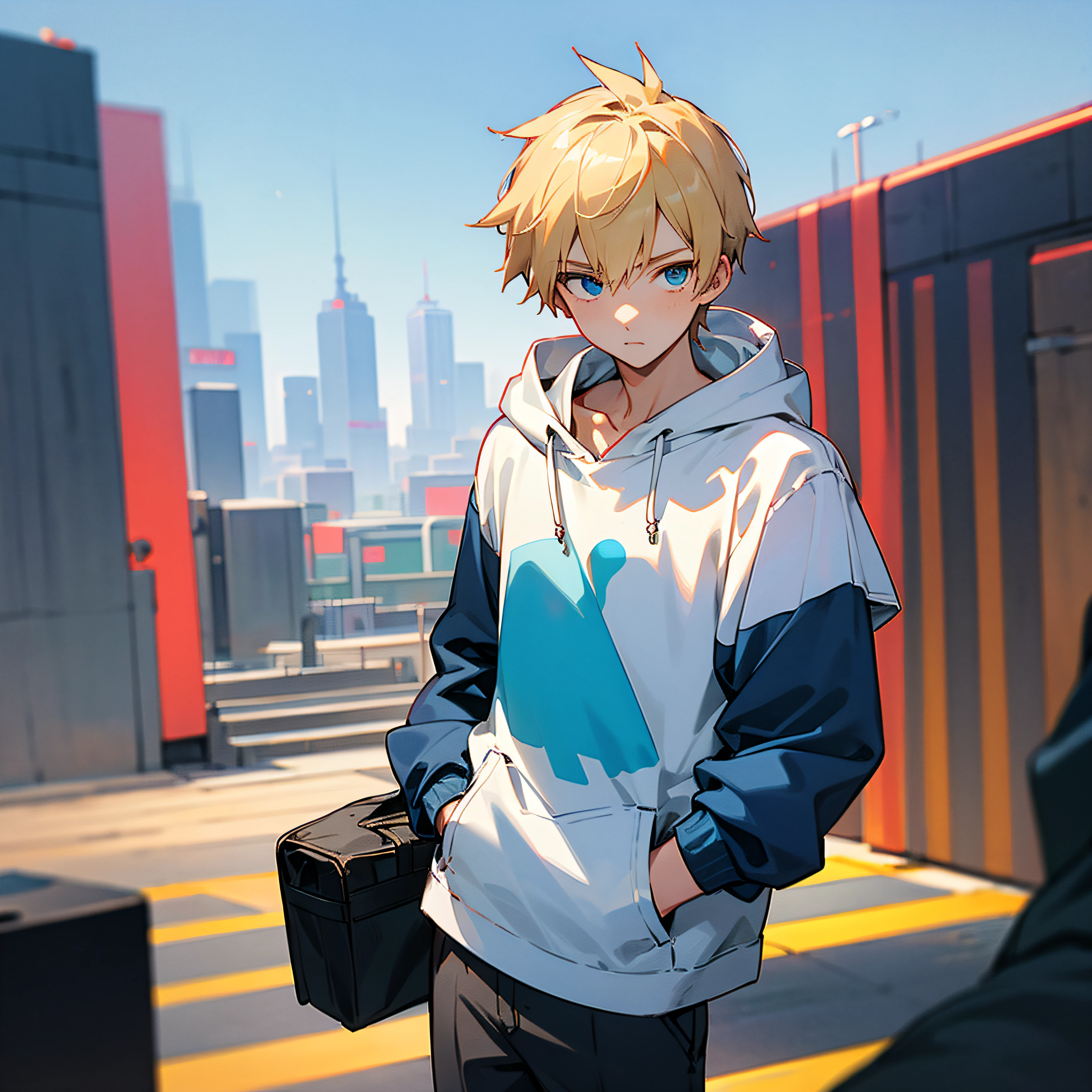 Short blond hair, 1boy, urban city, open blue hoodie, white t-shirt, hands in pockets, anime --auto