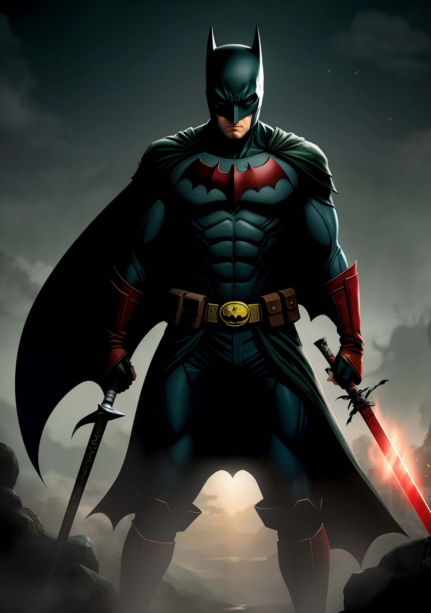 Batman (The Bat Man) holding a sword, Sekiro, urban fantasy centered, digital yellow red sun, in Amino, 2D game background, 'If everything can start again, in a soft green light dawn, G - final man, Kano, avatar image, wanderer