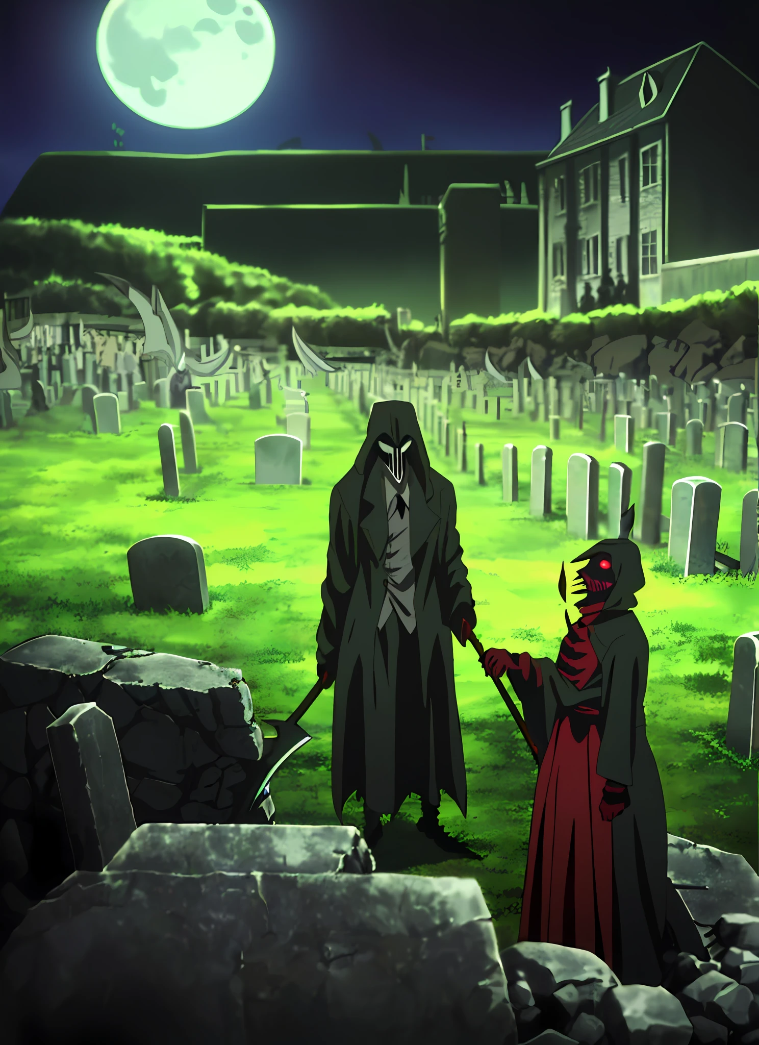 "(Boku No Hero Academia, intense style:1.1),(Grim Reaper cosplay, plague doctor's clothes:1.2),(Izuku Midoriya:1.1),(cemetery setting, creepy atmosphere),(crimson moonlight:1.1),(dynamic pose),(scythe:1.1)".
