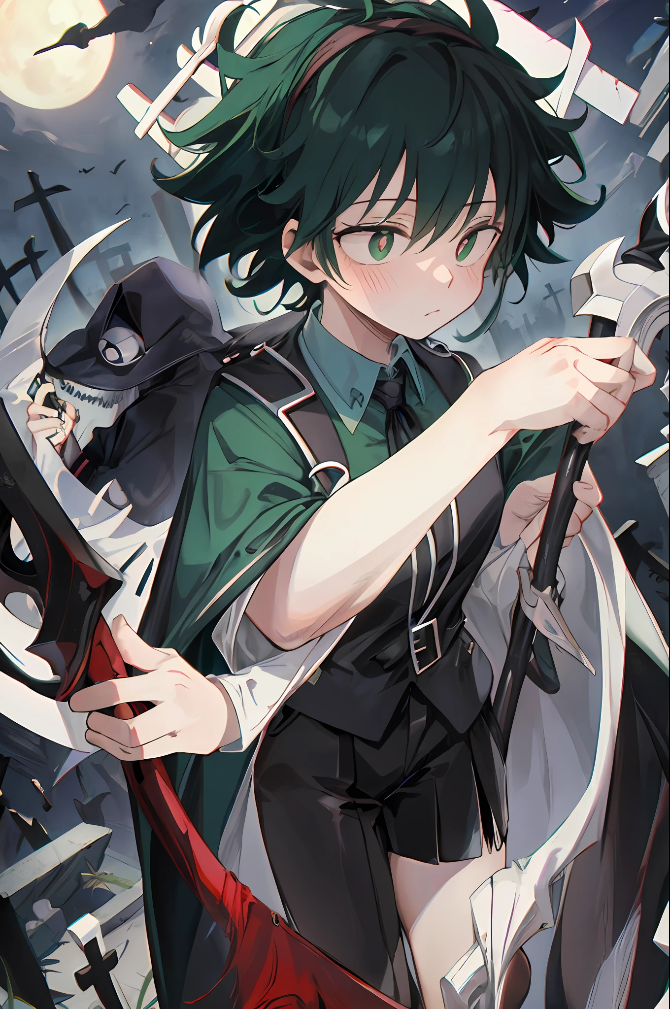 "(masterpiece, best quality:1.3), Izuku Midoriya as the Grim Reaper dressed in the clothes of a plague doctor carrying a scythe in a cemetery under the crimson moonlight."