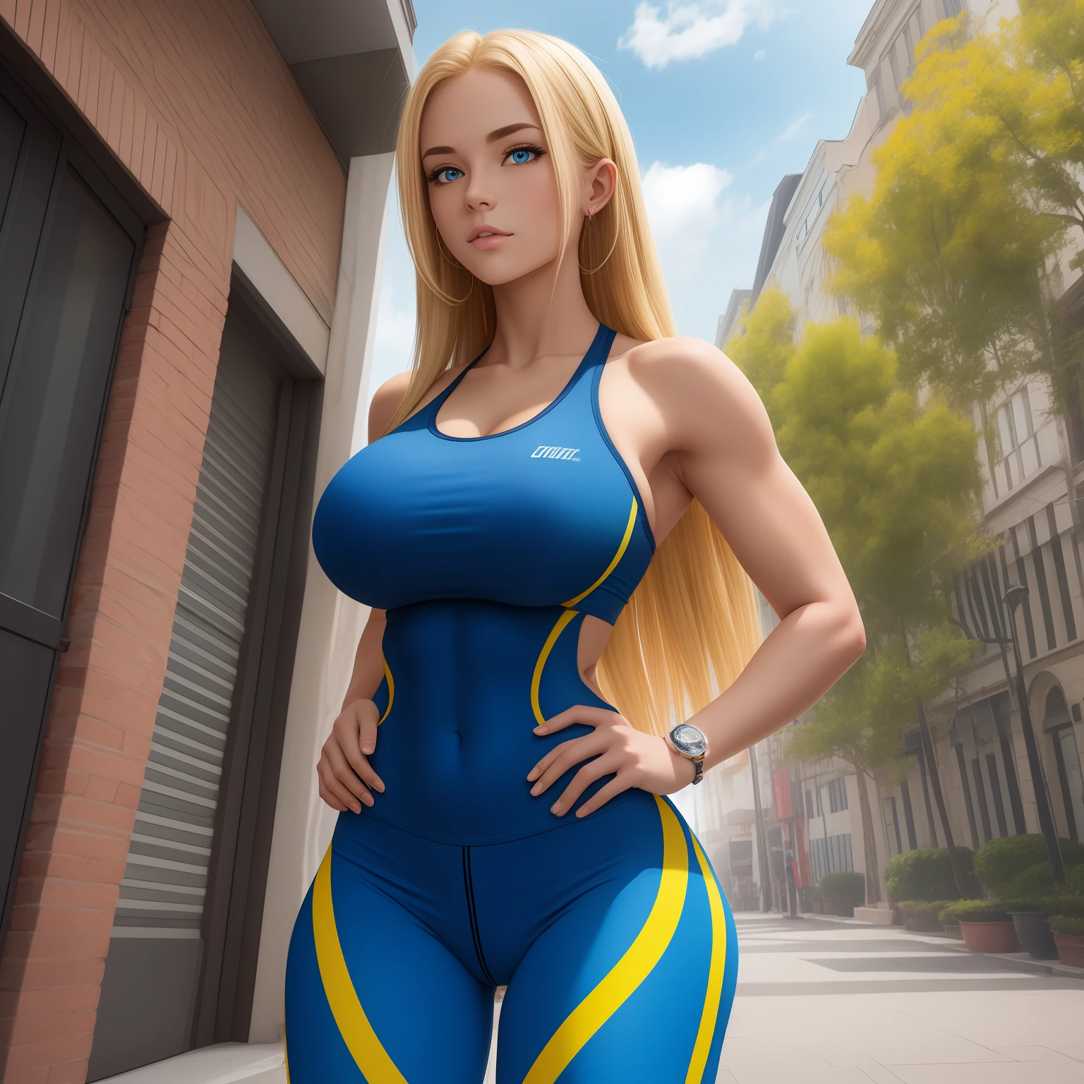 straight hair, 1 girl, blonde hair, yellow legging pants, big ass, petite, big boobs, cameltoe, gym, tight body clothing, neckline, long hair, 20 yeas old, blue eyes