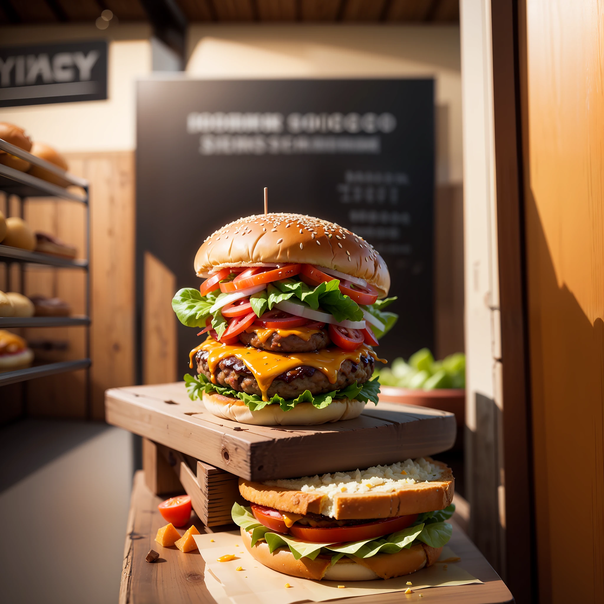 Best quality, ultra high resolution, (photorealistic: 1.4), ultra detailed, incredibly detailed, advertising style, burger with sesame bread, lettuce, tomato, cheddar cheese --auto