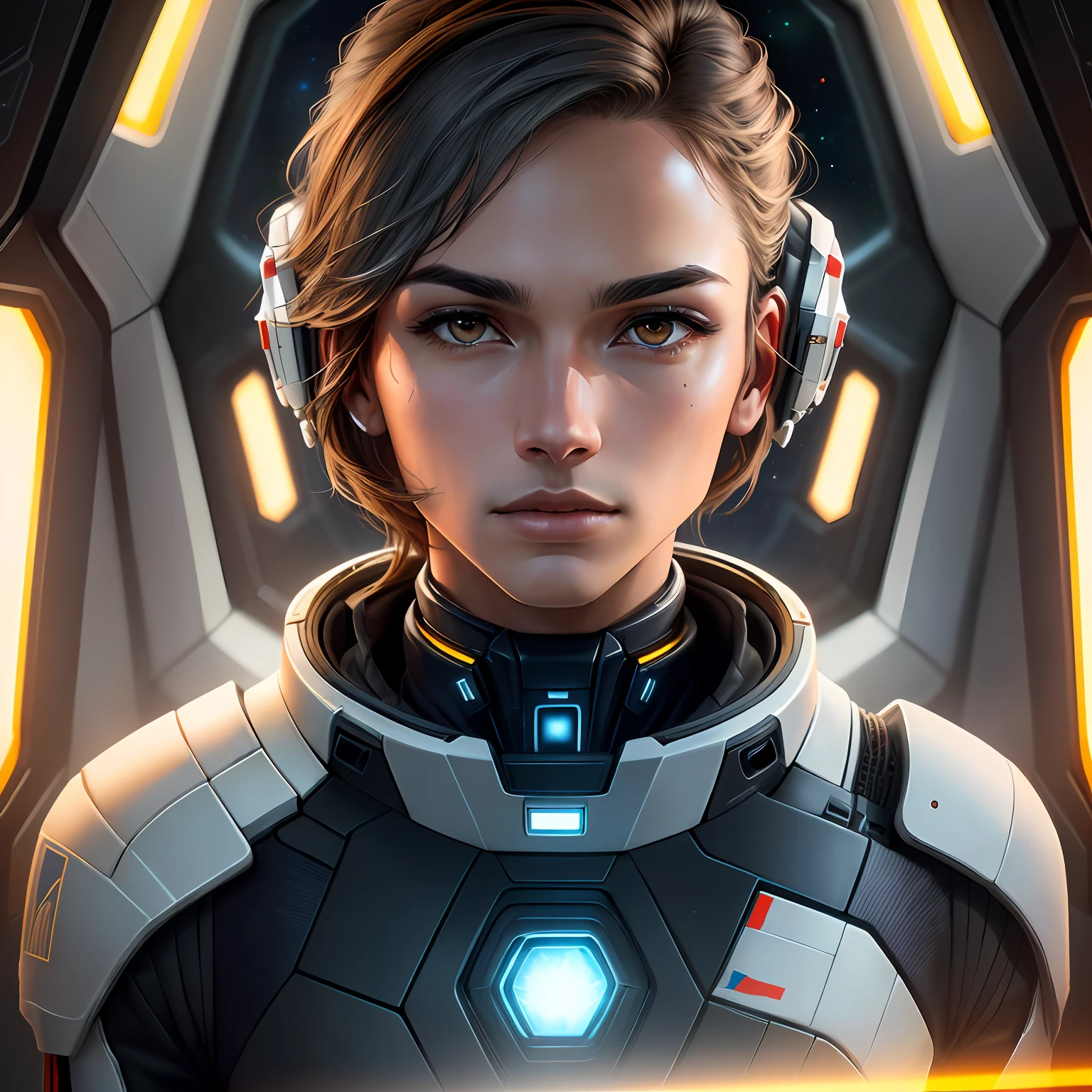 fking_scifi, award-winning photo of a man, black flight suit with yellow accents, brown hair, (gray eyes:1.35), square jawline, asymmetric face, standing in front of a window on a space ship, 80mm, bokeh, mass effect, close up, fking_cinema_v2