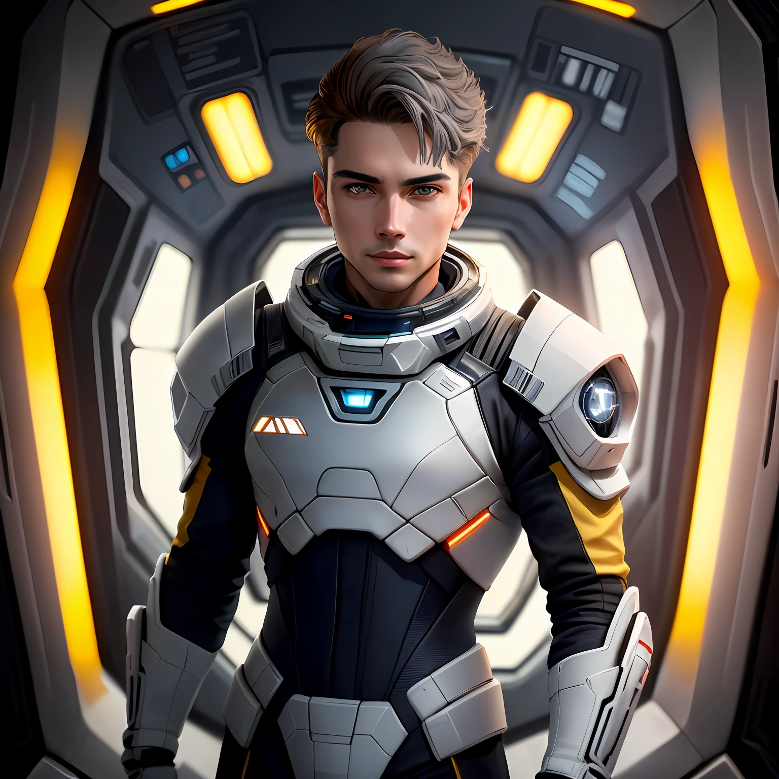fking_scifi, award-winning photo of a man, black flight suit with yellow accents, brown hair, (gray eyes:1.35), square jawline, asymmetric face, standing in front of a window on a space ship, 80mm, bokeh, mass effect, close up, fking_cinema_v2