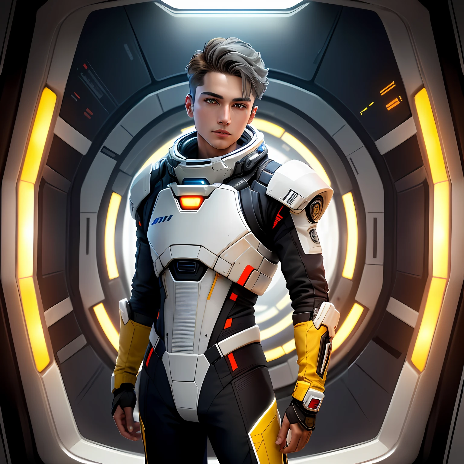 fking_scifi, award-winning photo of a man, black flight suit with yellow accents, brown hair, (gray eyes:1.35), square jawline, asymmetric face, standing in front of a window on a space ship, 80mm, bokeh, mass effect, close up, fking_cinema_v2