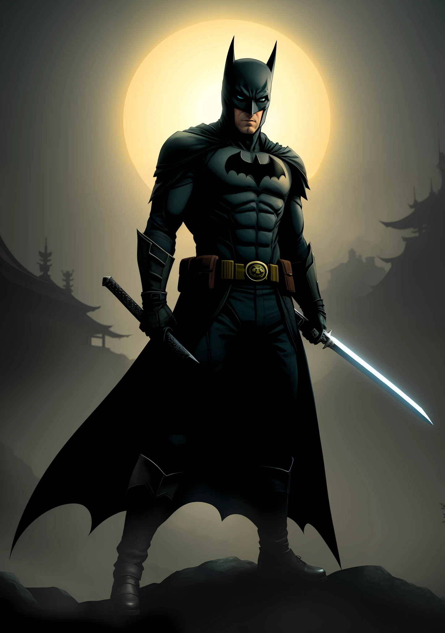 Batman (The Bat Man) holding a sword, Sekiro, urban fantasy centered, digital yellow red sun, in Amino, 2D game background, 'If everything can start again, in a soft green light dawn, G - final man, Kano, avatar image, wanderer