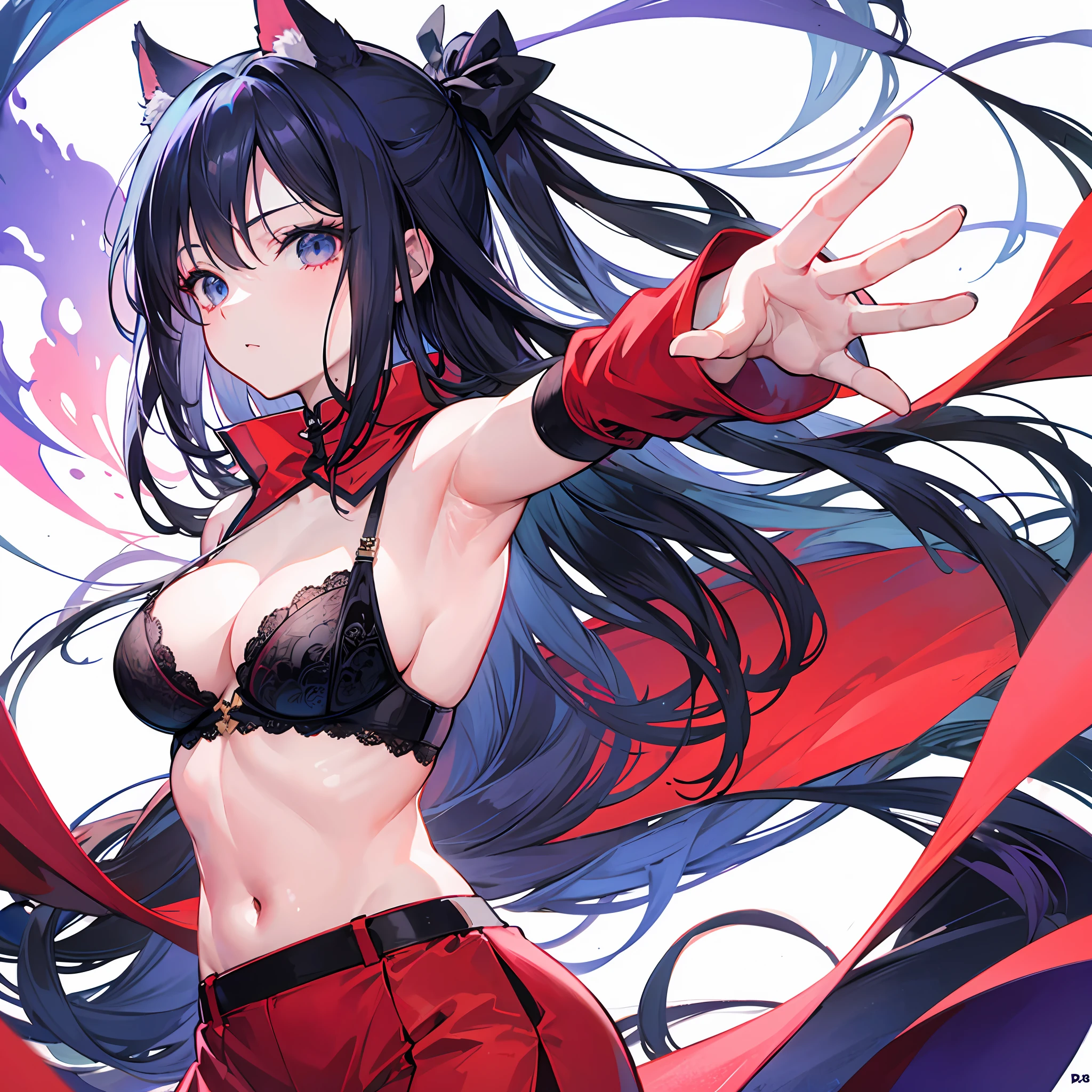 Best quality, 8K)) One woman anime girl with long hair and cat ears, Rin Tosaka, anime moe art style, anime style like Fate/stay night, anime girl with long hair, very cute anime girl face, nightcore, from the front line of girls, cute anime girl portrait, anime girl with cat ears, high quality anime art styleBeautiful anime woman sexy beautiful armpits beautiful abs luxurious lingerie random pose space with mood