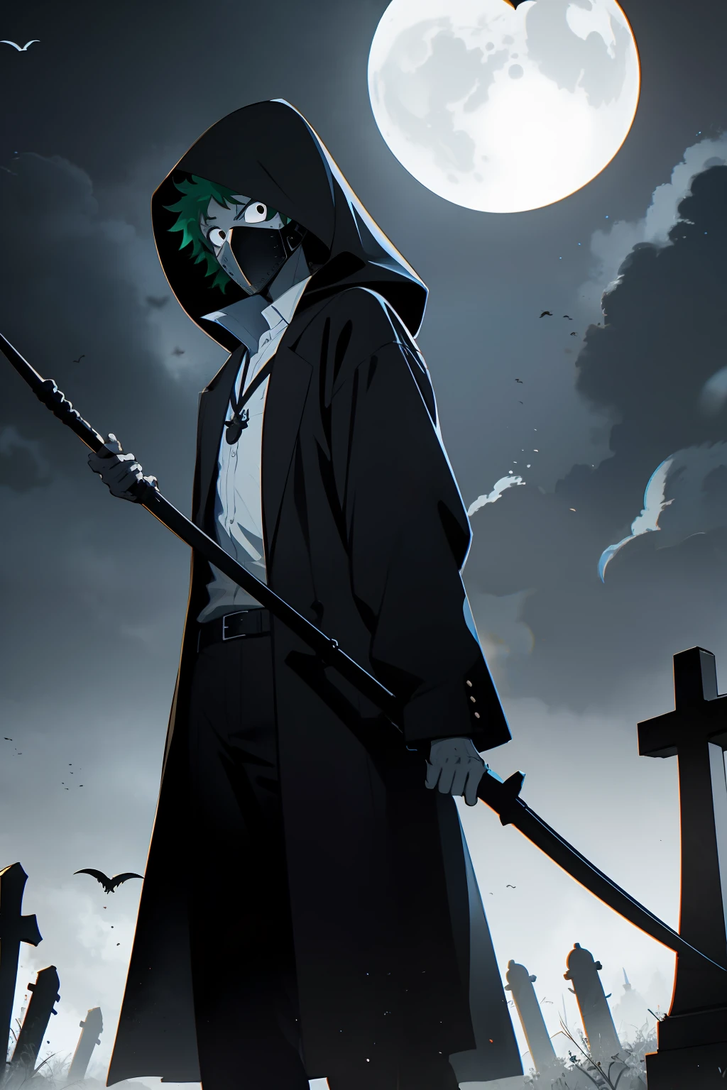 Izuku Midoriya as the Grim Reaper dressed in plague doctor's clothes wielding a scythe in a cemetery under the crimson moonlight.