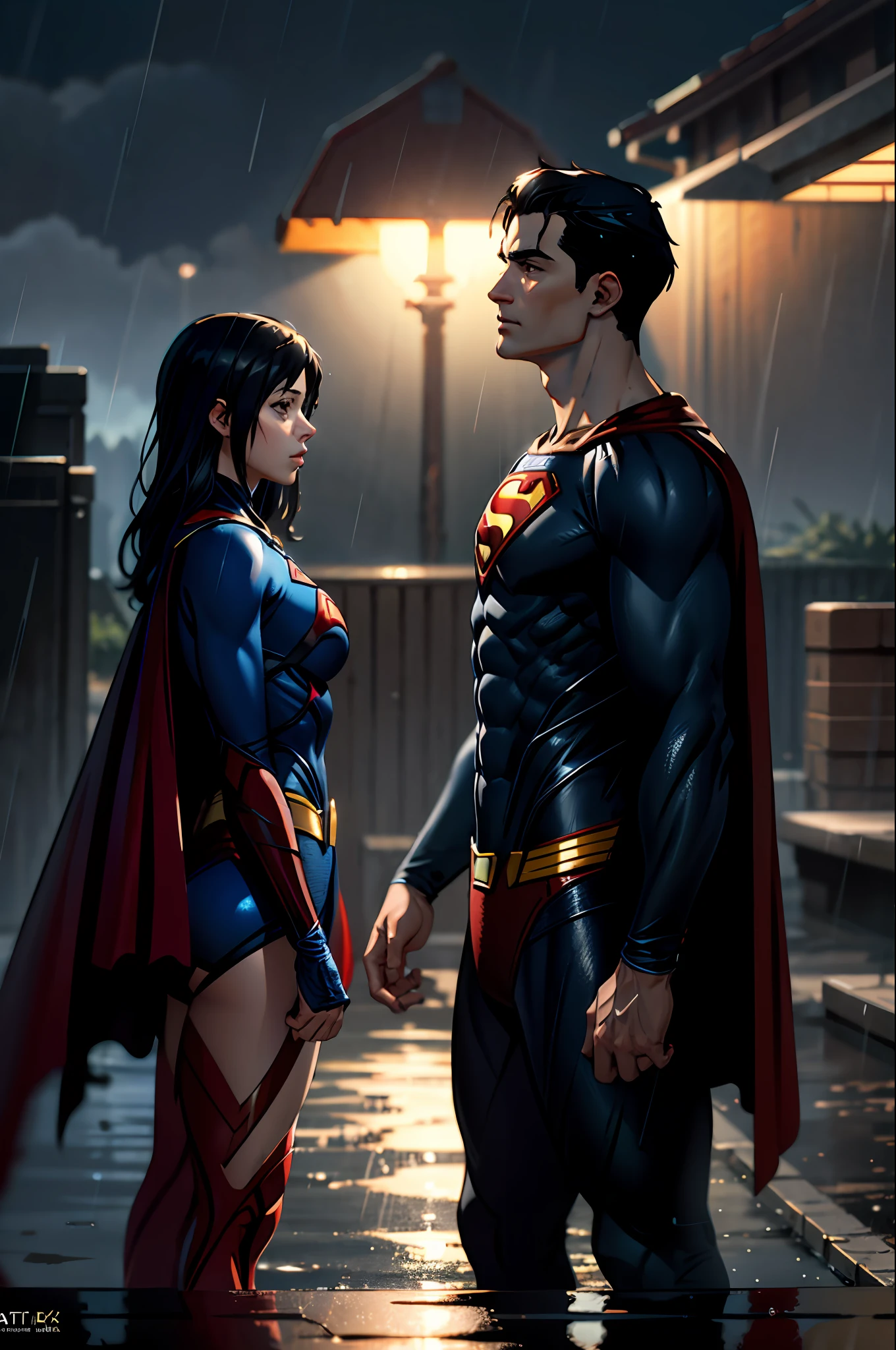 Superman, superman cosplay, rain, outdoor, long red cape on the back, black hair, trend in artstation, 8k resolution, highly detailed, anatomically correct, sharp image, digital painting, concept art, trend in pixiv, Makoto Shinkai style,