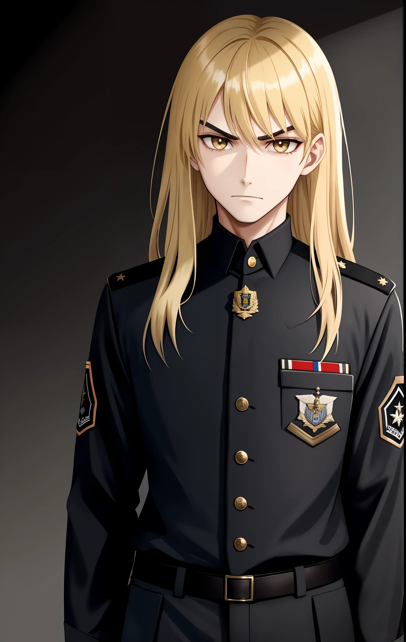 Young man wearing high-ranking black military clothes, blonde hair with black chicks, hair with bangs, evil look