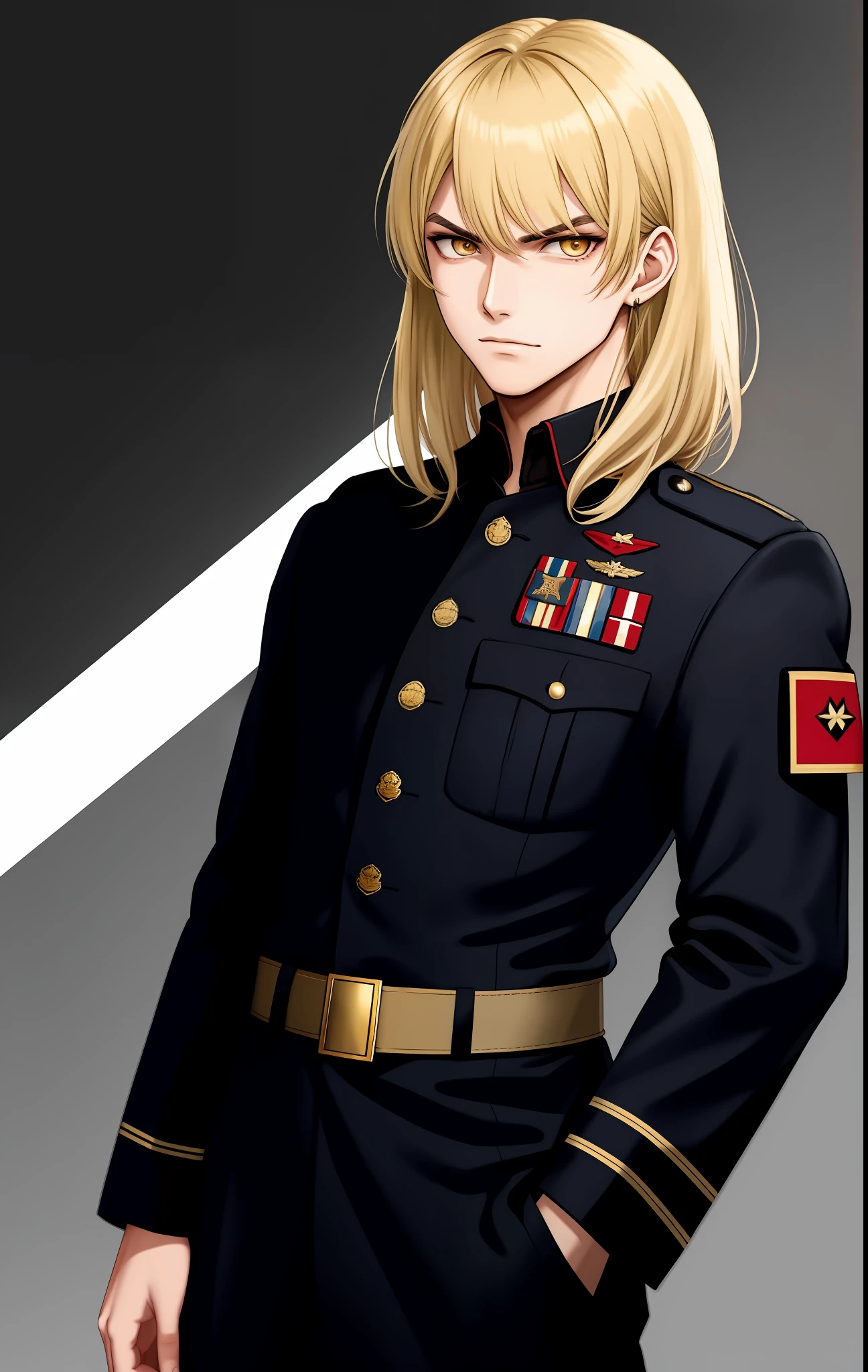 Young man wearing high-ranking black military clothes, blonde hair with black chicks, hair with bangs, evil look