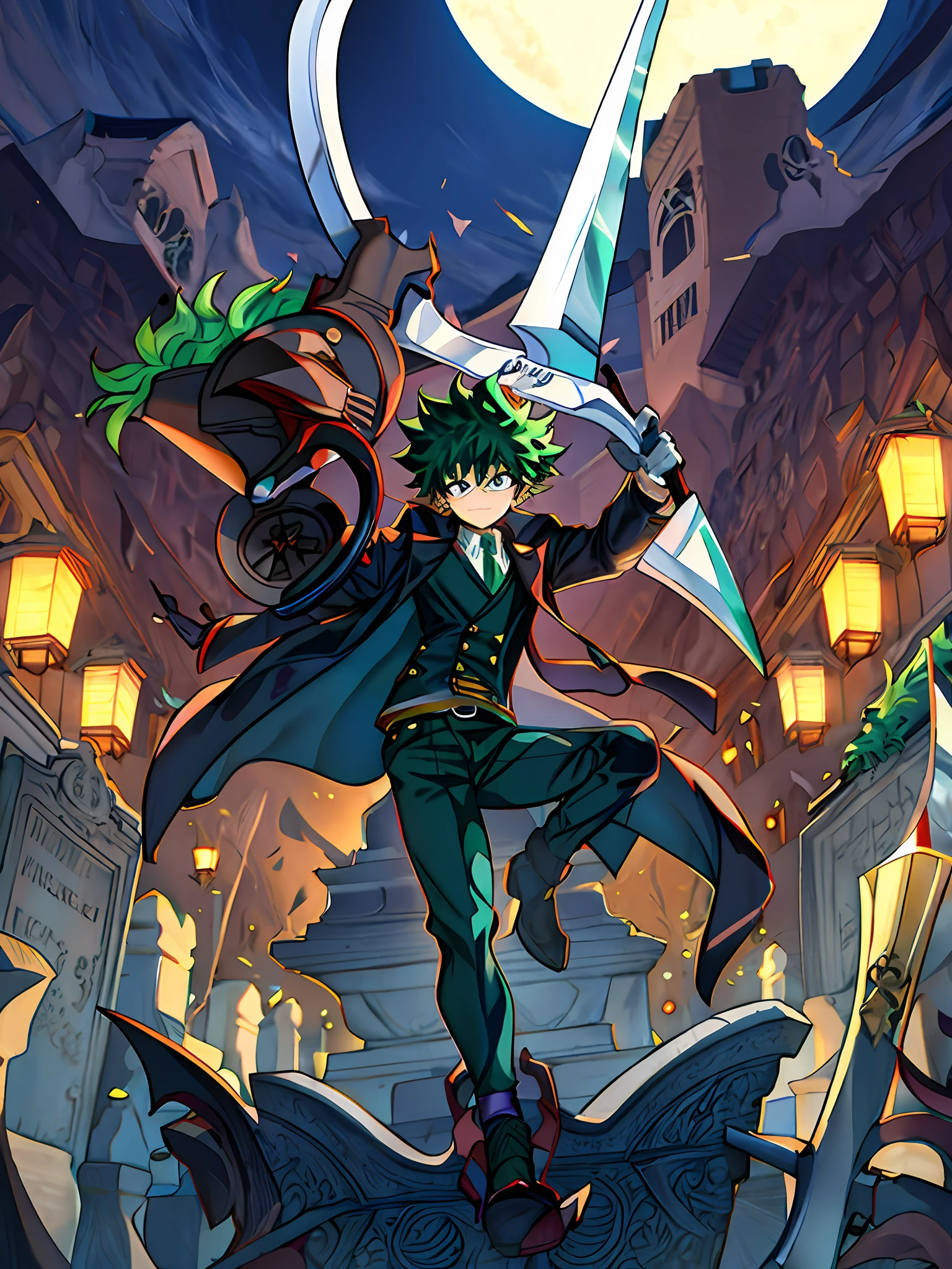 "(masterpiece:1.3),(best quality:1.3): Izuku Midoriya as the Grim Reaper dressed in plague doctor's clothes wielding a scythe in a cemetery under the crimson moonlight."