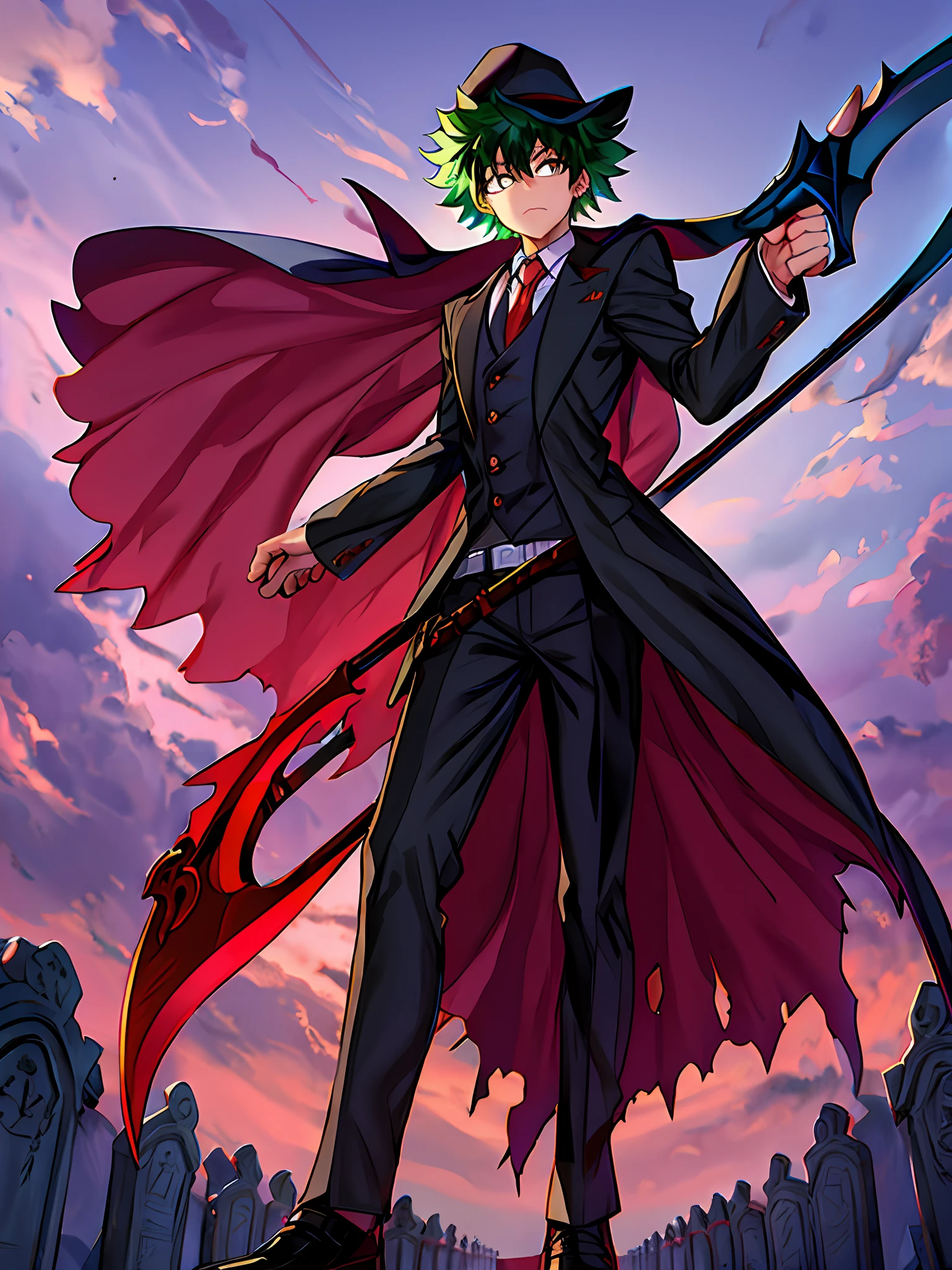 "(masterpiece:1.3),(best quality:1.3): Izuku Midoriya as the Grim Reaper dressed in plague doctor's clothes wielding a scythe in a cemetery under the crimson moonlight."