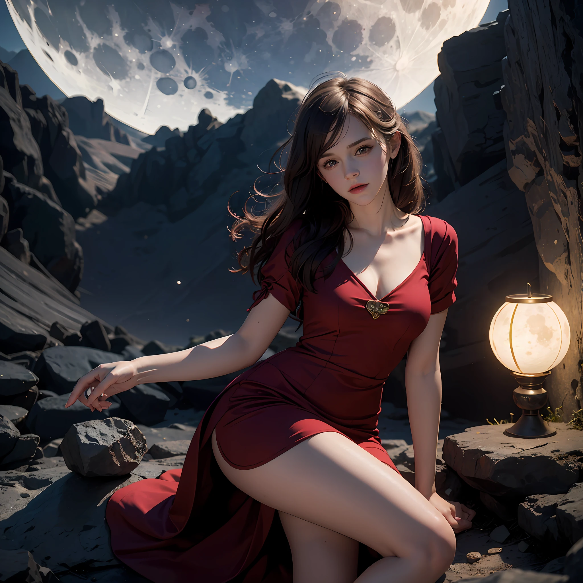 emma watson as a red priestess girl. tight dress. background moon. sharp focus, natural lighting, subsurface scattering, f2, 35mm, film grain