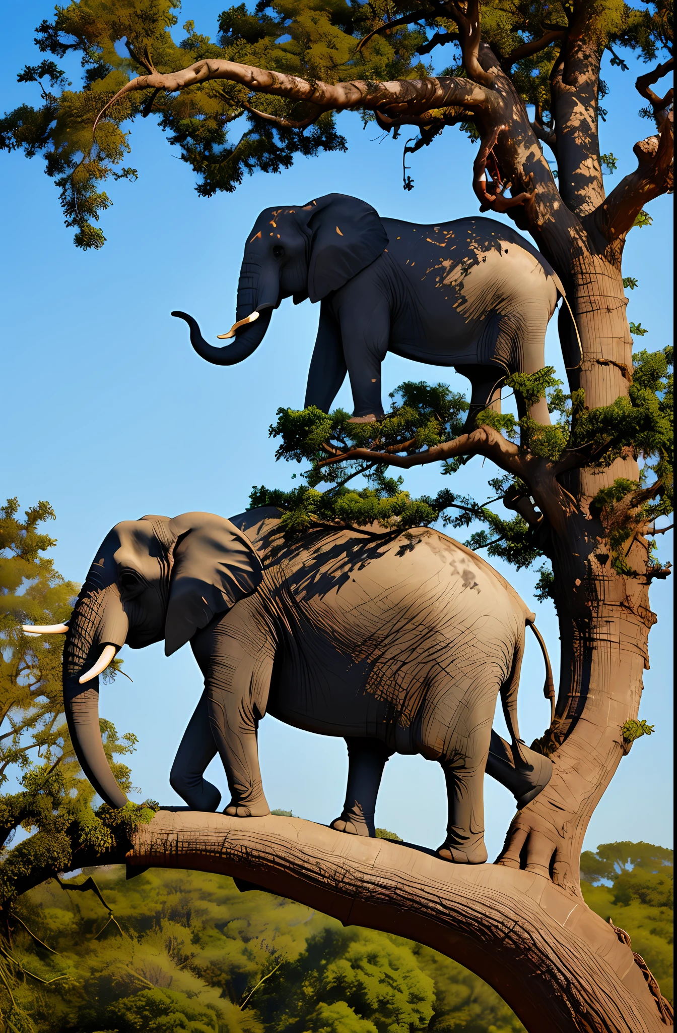 Elephant on top of tree, gray elephant on top of green tree,