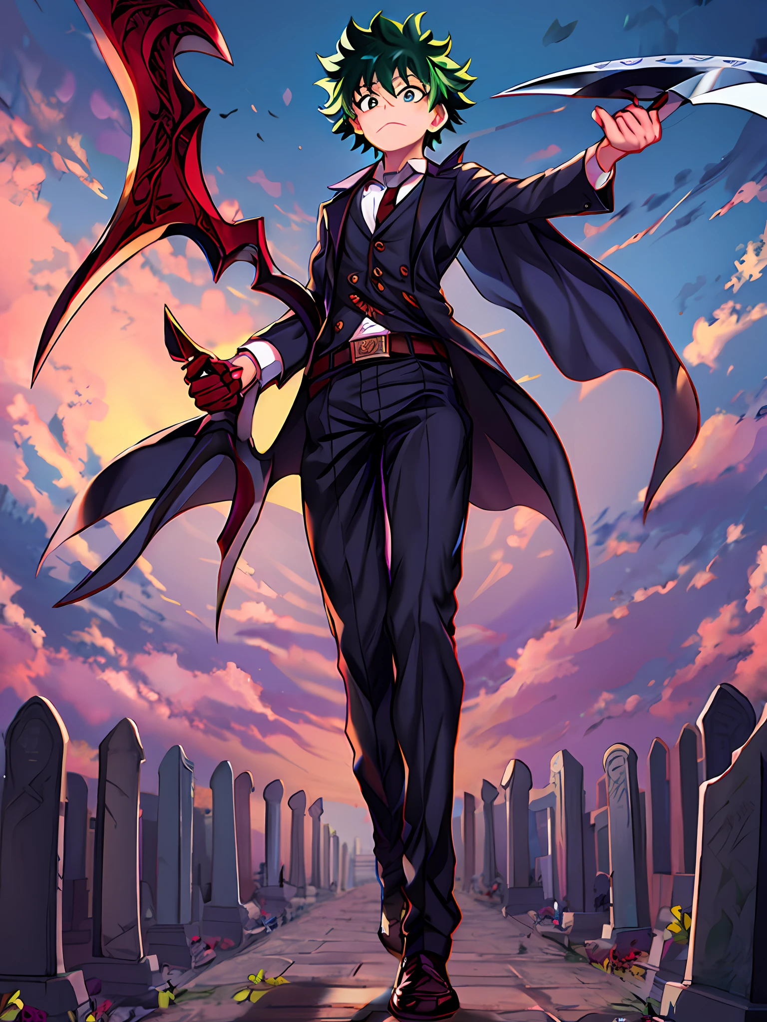 "(masterpiece:1.3),(best quality:1.3): Izuku Midoriya as the Grim Reaper dressed in plague doctor's clothes wielding a scythe in a cemetery under the crimson moonlight."