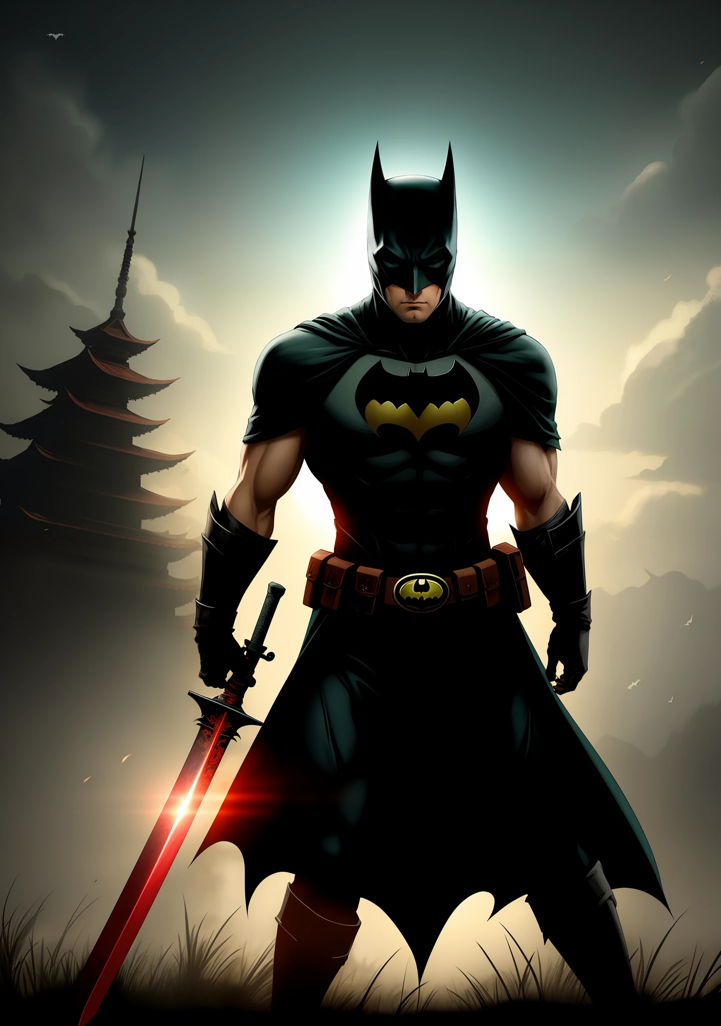 Batman (The Bat Man) holding a sword, Sekiro, urban fantasy centered, digital yellow red sun, in Amino, 2D game background, 'If everything can start again, in a soft green light dawn, G - final man, Kano, avatar image, wanderer