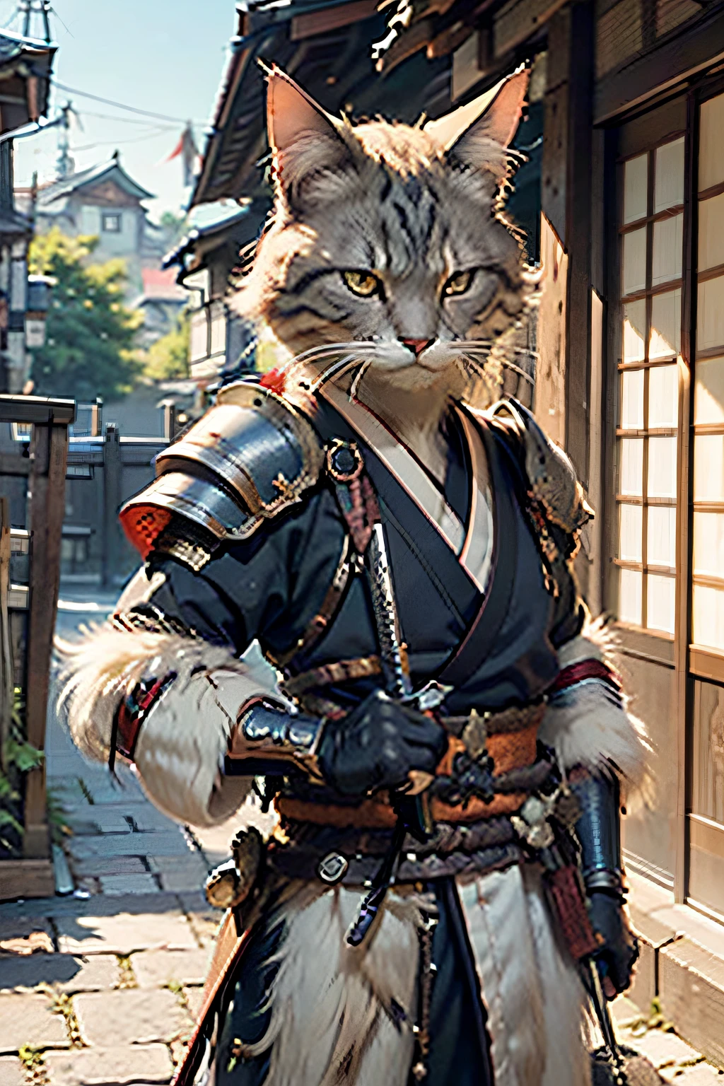 c4ttitude, samurai, watchful, almond-shaped eyes, furrowed brow, sleek fur, warrior, disciplined, focused, armored kimono, guarded coverage, steel, clawed paws, katana, feudal Japan, street, honor, duel, confrontation scene,