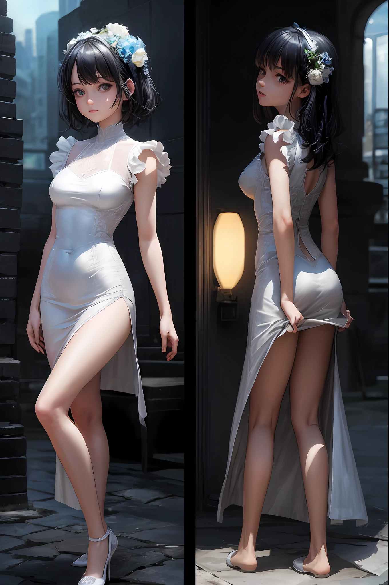 masterpiece, full body, realistic, portrait of one girl, 16 years old, baby face, beautiful face, sunlight, cinematic light, beautiful woman, beautiful eyes, bright whitish and blue hair, medium inner curled hair, perfect anatomy, very cute, black eyes, drooping eyes, gentle, standing in the center, stylized, bioluminescence, 8 life-size, 8k resolution, knee-length white dress, elegant, neat, perfect, Dynamic, very detailed, character sheet, concept art, smooth, body symmetrical and balanced, facing the viewer frontally, amazingly beautiful teenage girl, detailed hairstyle, no zoom,