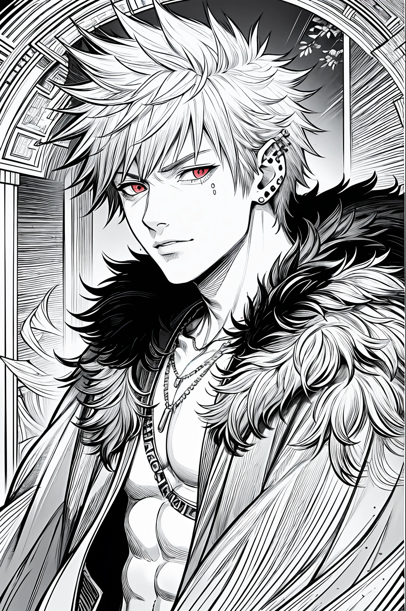 Masterpiece, top quality, 8k, one man, Katsuki bakugo,  old,furry cloak over shirtless, necklace, piercings, half-body, shining red eyes, monochrome, line art