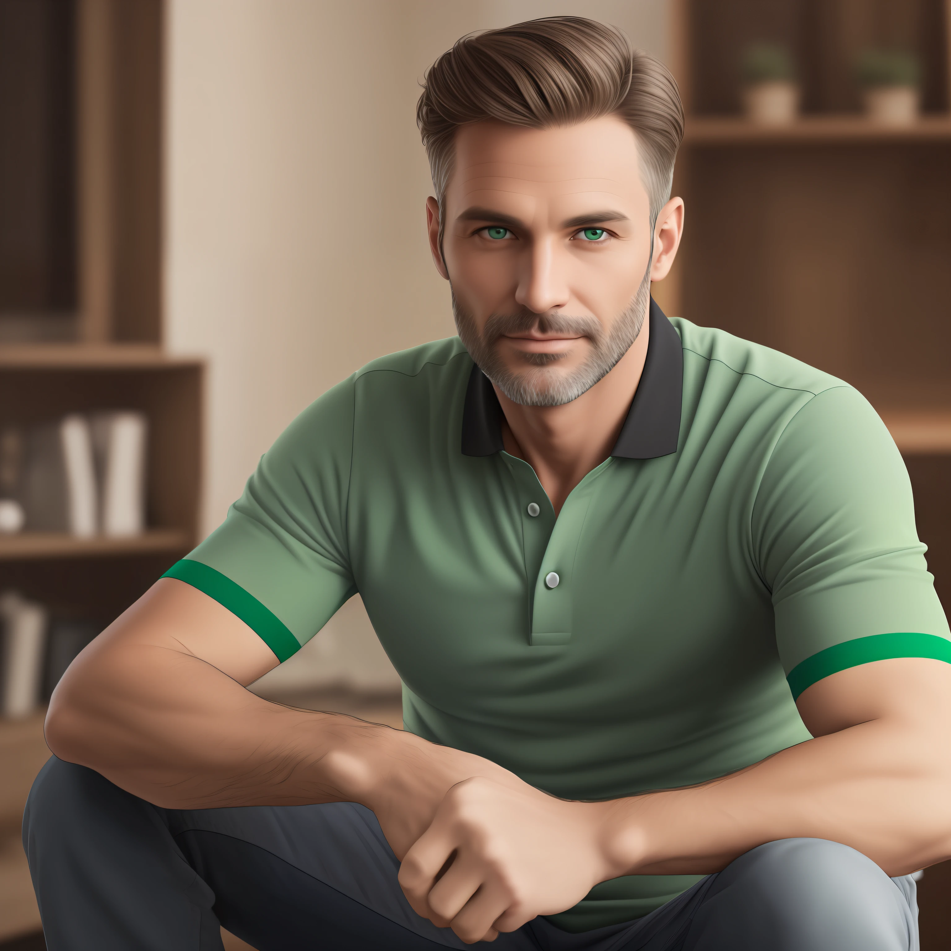 Light brunette man, light green eyes, short smooth black callel, 40 years old, modern shepherd --auto