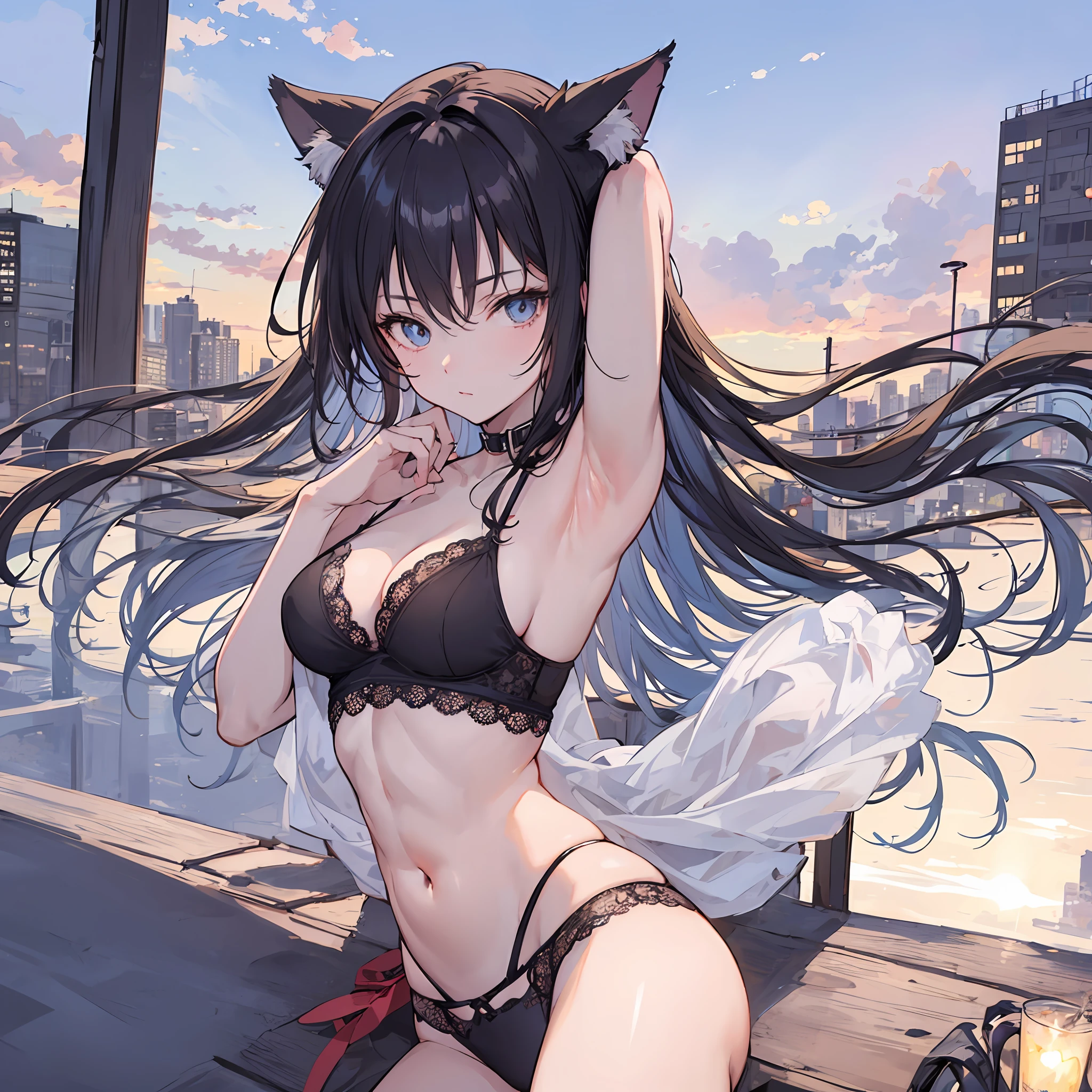 Best quality, 8K)) One woman anime girl with long hair and cat ears, Rin Tosaka, anime moe art style, anime style like Fate/stay night, anime girl with long hair, very cute anime girl face, nightcore, from the front line of girls, cute anime girl portrait, anime girl with cat ears, high quality anime art styleBeautiful anime woman sexy beautiful armpits beautiful abs luxurious lingerie random pose space with mood