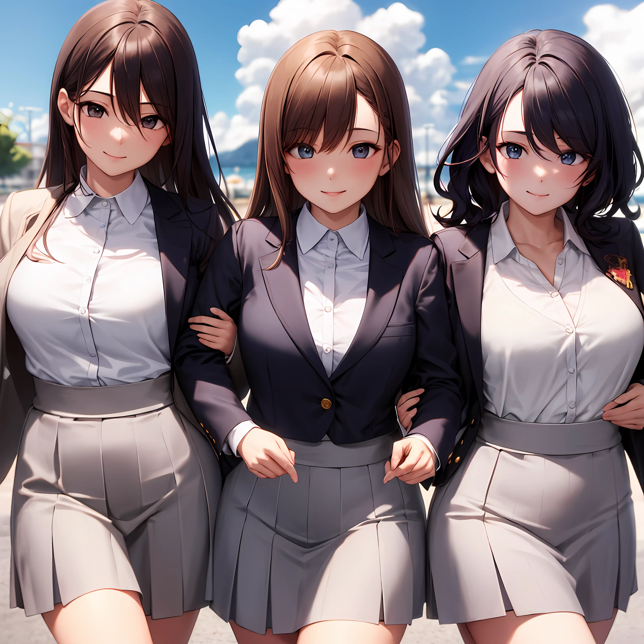 masterpiece, (best quality), 2women, 2girls, identical sisters, clones, brown hair, long hair, curly hair, hazel eyes, private high school uniform, school uniform, medium breasts, matching outfits, sexy woman, smile, hair between eyes, long sleeves,closed clothes, embarrassed,blush, skirt, vibrant colors ,natural lighting ,RTX, , beautiful, (detailed face:1.2), showcase, (perfect eyes:1.1) ,(photorealistic:1.1), 8k uhd, looking at viewer, outdoors, simple backround,