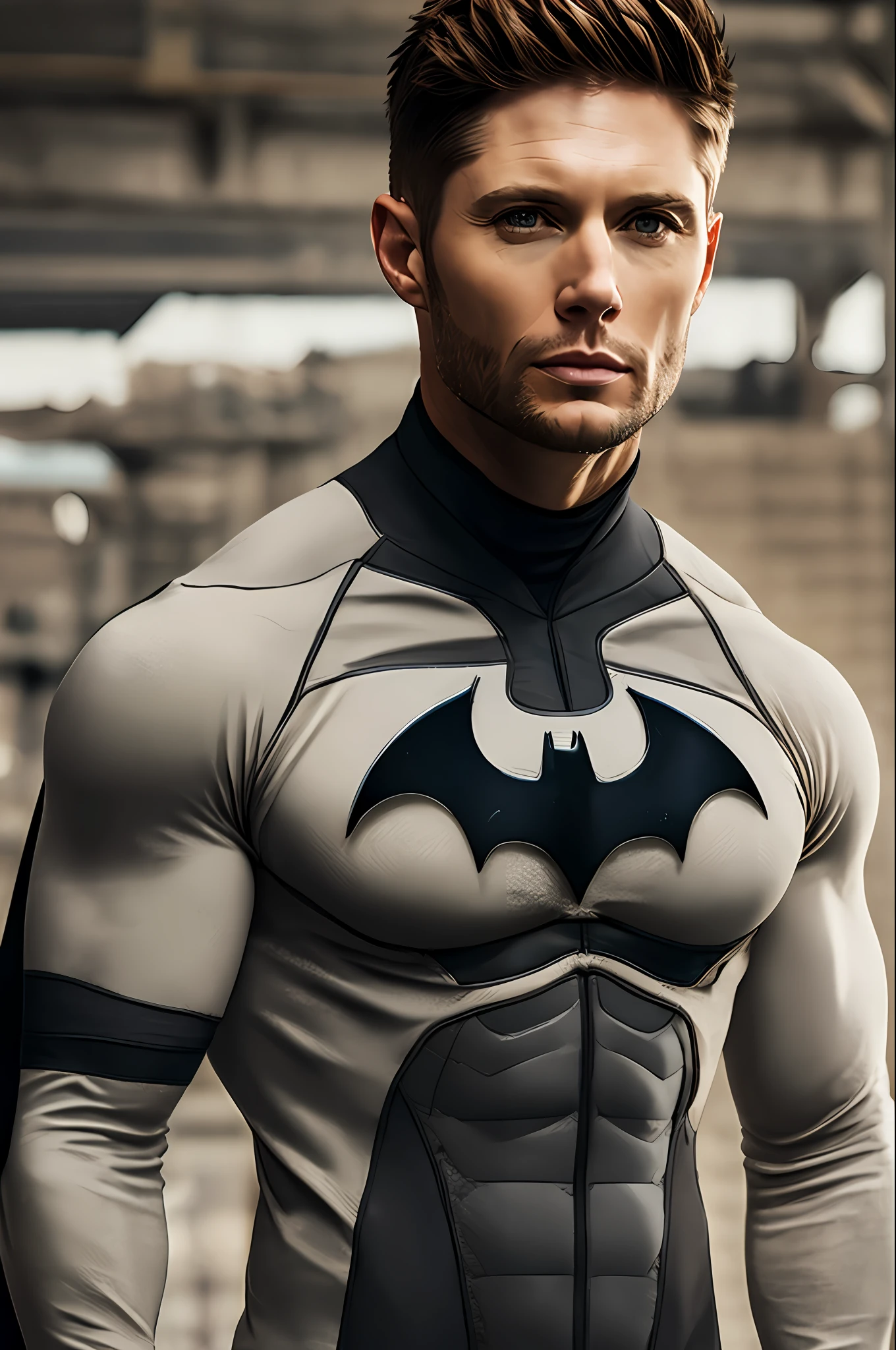 Long photo of jensen_ackles with soft smile, wearing batman, hyper realistic photography, detailed face, on the coast, (highly detailed skin: 1.2), 8k uhd, dslr, soft lighting, high quality, film grain, Fujifilm XT3, natural lighting, subsurface scattering, full body, (extremely detailed CG unit 4k wallpaper)