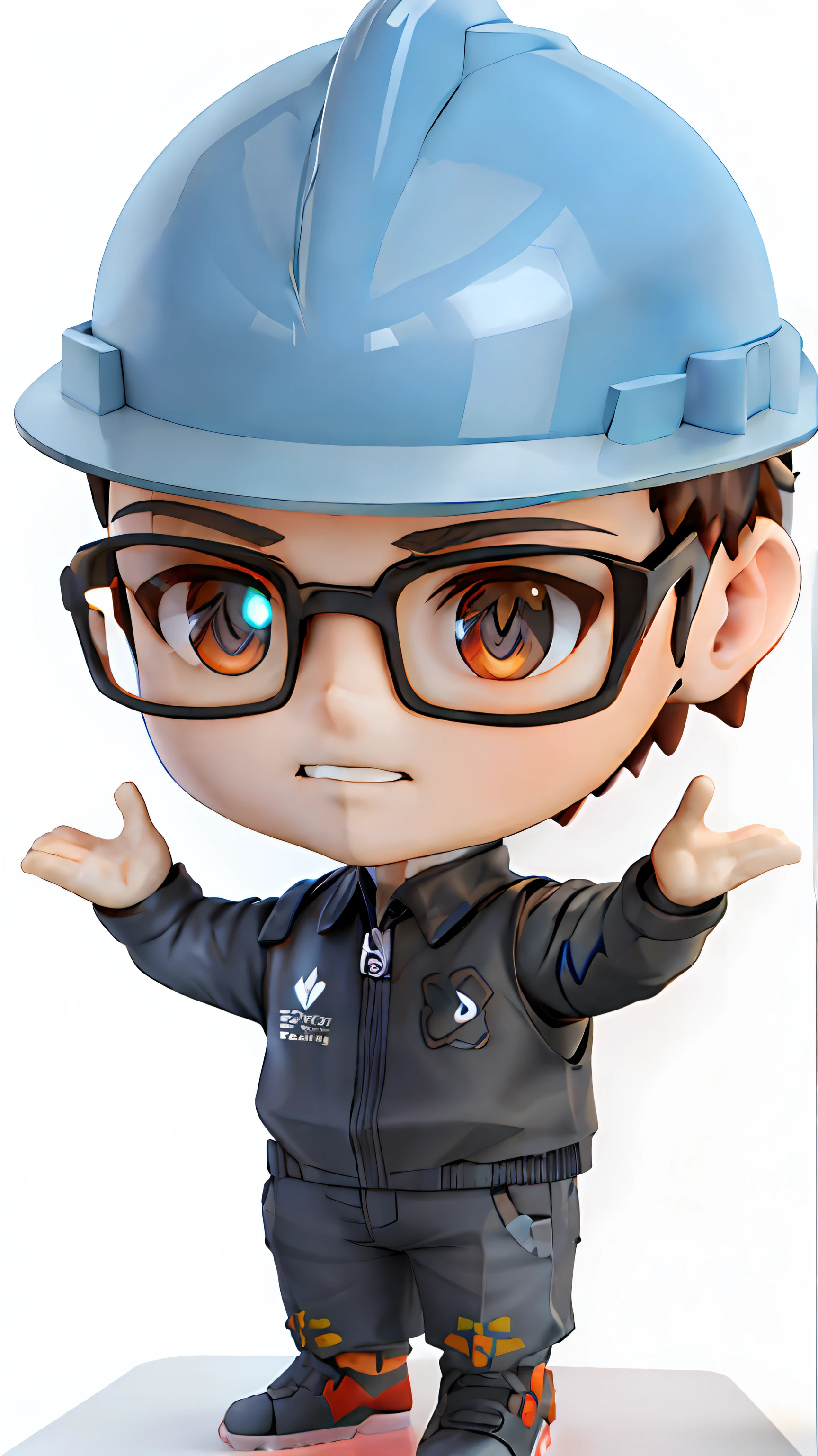 There is a small toy for a man in a hard hat, watering in the garden, anime Nendoroid by Elon Musk, Nendoroid 3 D, cute 3 D rendering, 3D character, 3D character, 3D character rendering, 3D model in style for Nendoroid, Japanese mascot, Toon rendering keyboard, 3D rendering stylization, engineer, art rendering