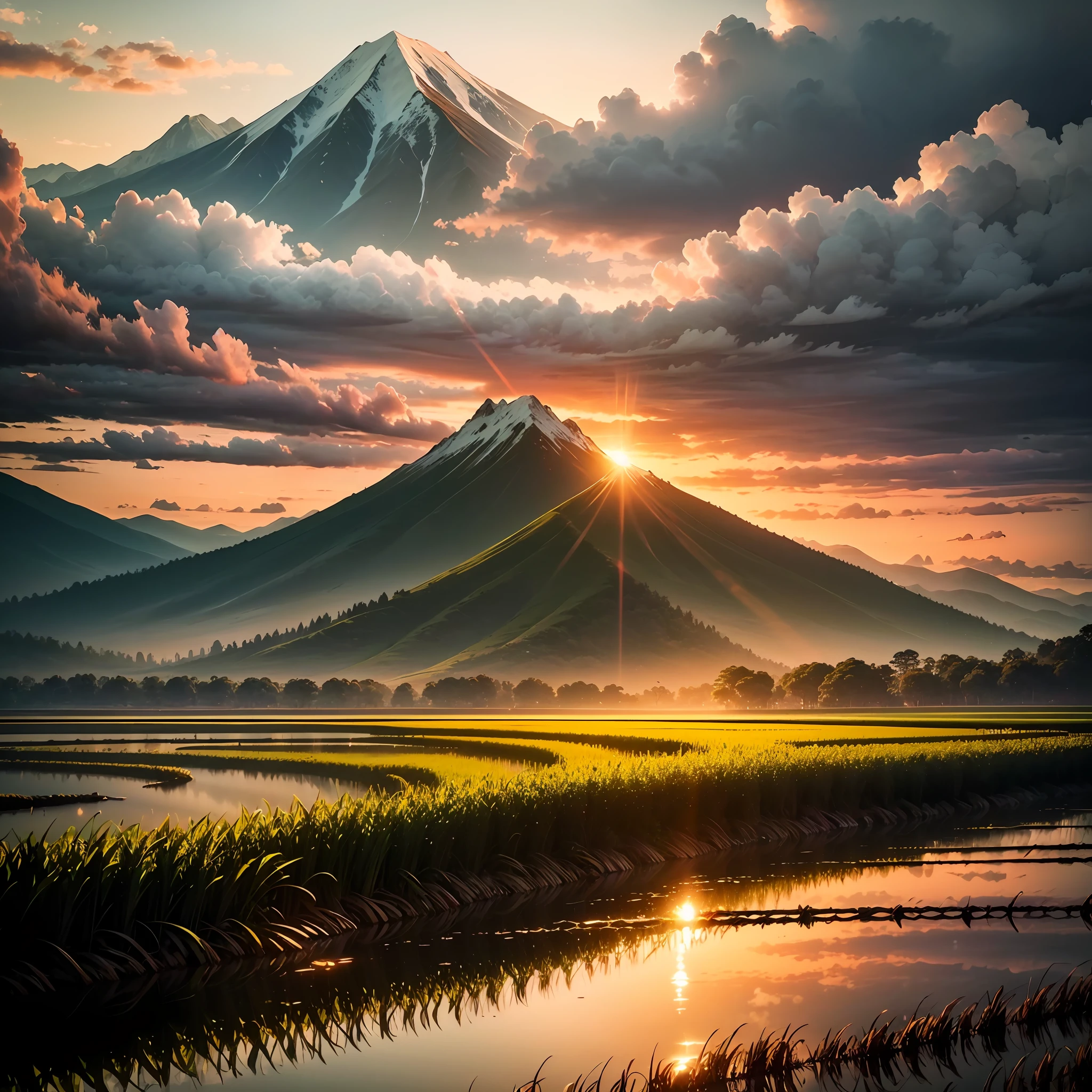 a beautiful sunset over a rice field with a mountain in the background, a stock photo by Michael Aloysius Sarisky, shutterstock contest winner, sumatraism, backlight, sunrays shine upon it, hdr --auto
