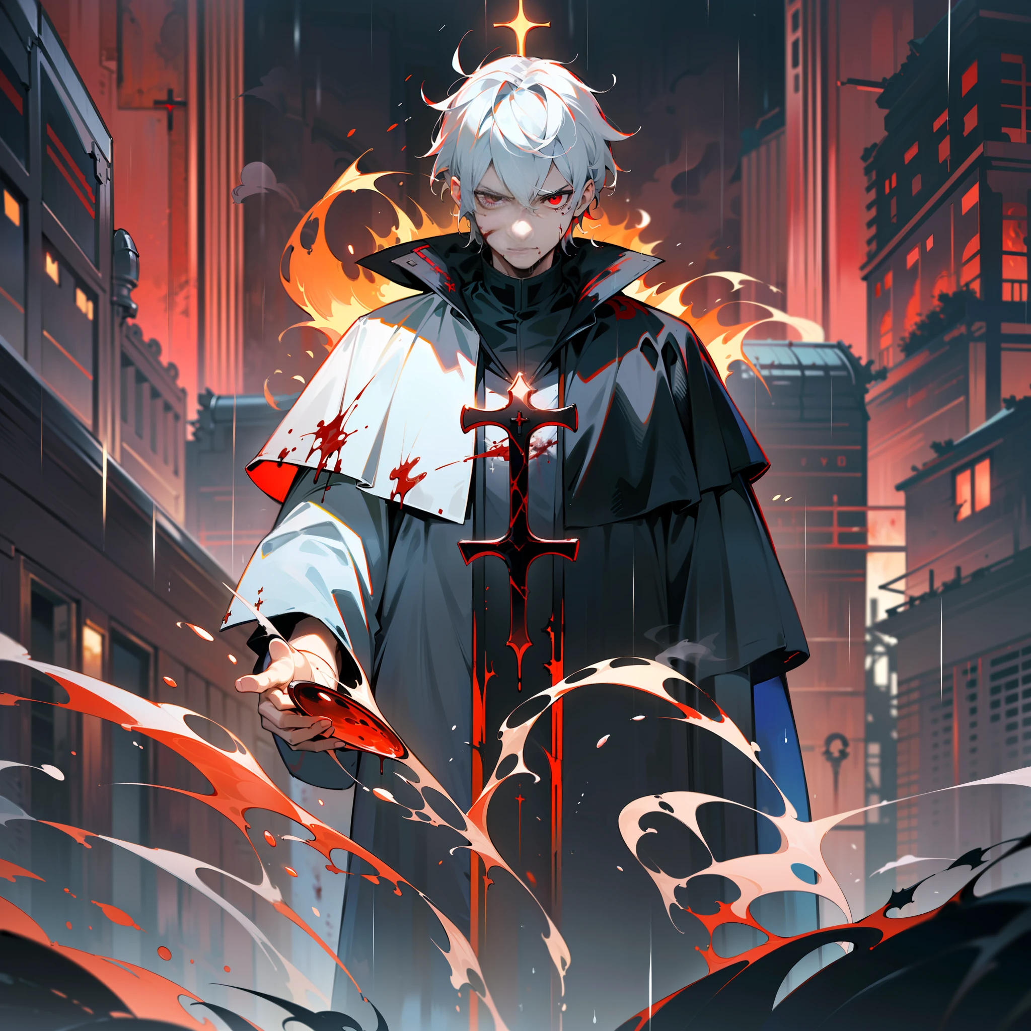 ((((Detailed face)))), masterpiece, best quality,(cassock), (clergy), ultra-detailed, Gothic city, ((((adult male))),serious face, ((red eyes))), whole body, ((((male))), looking at the viewer, blood, infine cross, red chalice Holy Grail in the illuminated sky, rainy night, gothic, adult, liquid blood spear, evil, rain of blood, village background on fire, simple clothes, dead eyes, 1boy, black hair with white gradient, Heavy rain, red fire, eyes everywhere, evil, destruction, ultimatum, white hair, smoke, edgy