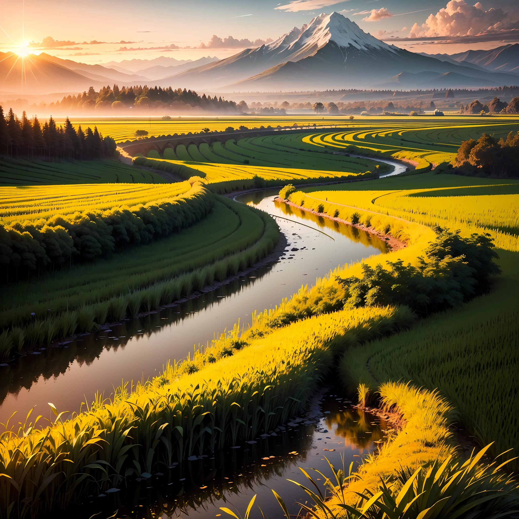 a beautiful sunset over a rice field with a mountain in the background, a stock photo by Michael Aloysius Sarisky, shutterstock contest winner, sumatraism, backlight, sunrays shine upon it, hdr --auto