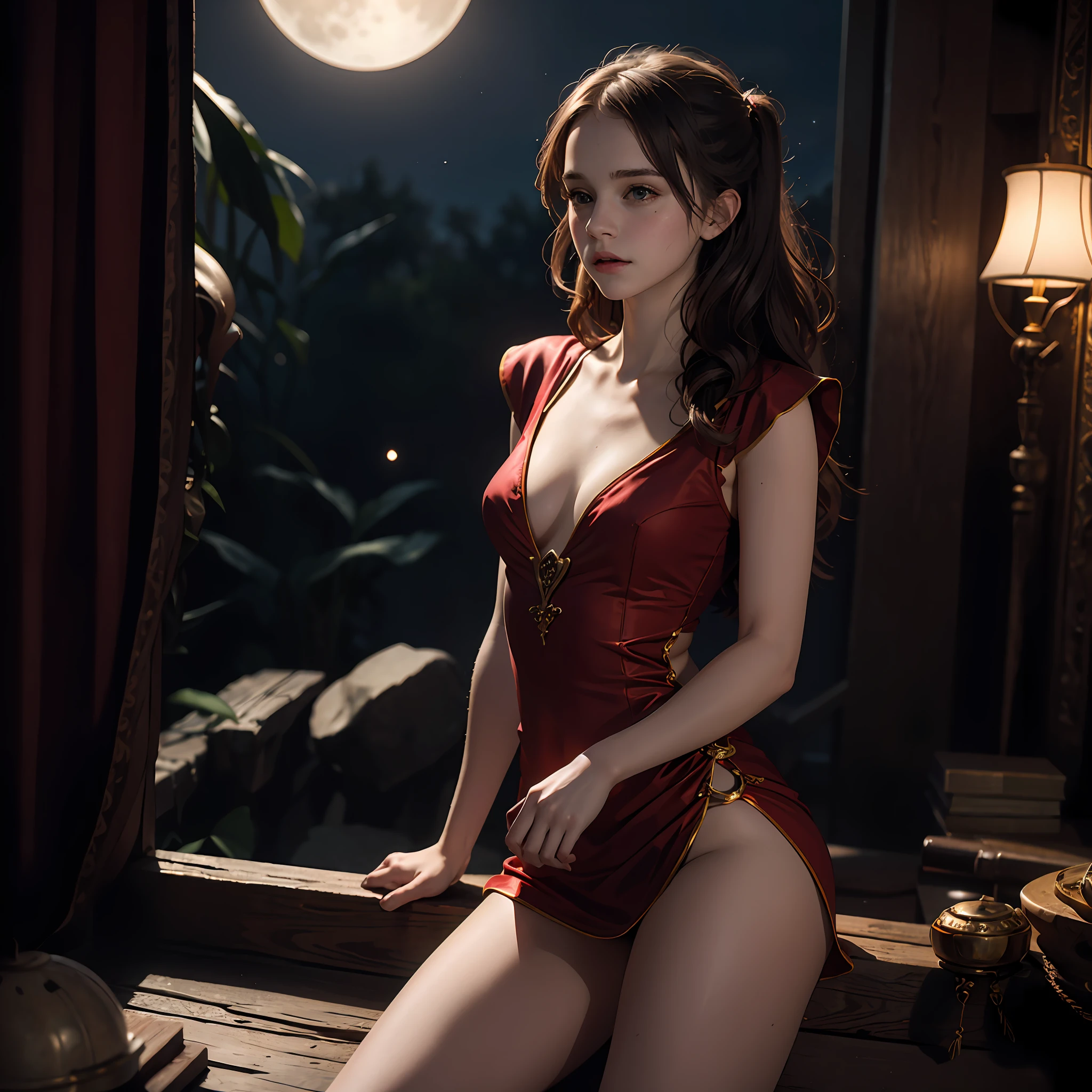 teen emma watson as a red priestess girl. tight dress. spread legs. background moon. sharp focus, natural lighting, subsurface scattering, f2, 35mm, film grain