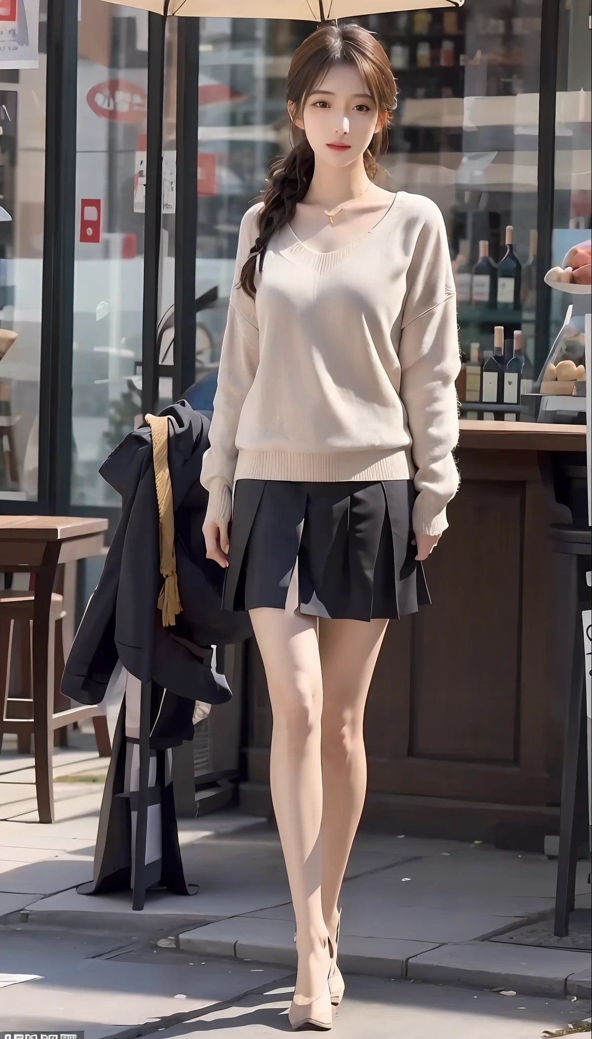 in focus, Full Body Photo (FLS), FHD, 1080P, 2K, 4K, 8K, Mind-bSoft illuminationlowing Details, Unfathomable, Leica camera, Full Length Shot (FLS), cute, Golden Ratio, Soft illumination, absorbing. Super detailed, extremely detailed, beautiful meticulous girl, 1 girl, (perfect female figure), full body, sweater, short skirt, long legs, no chest, background in bar.