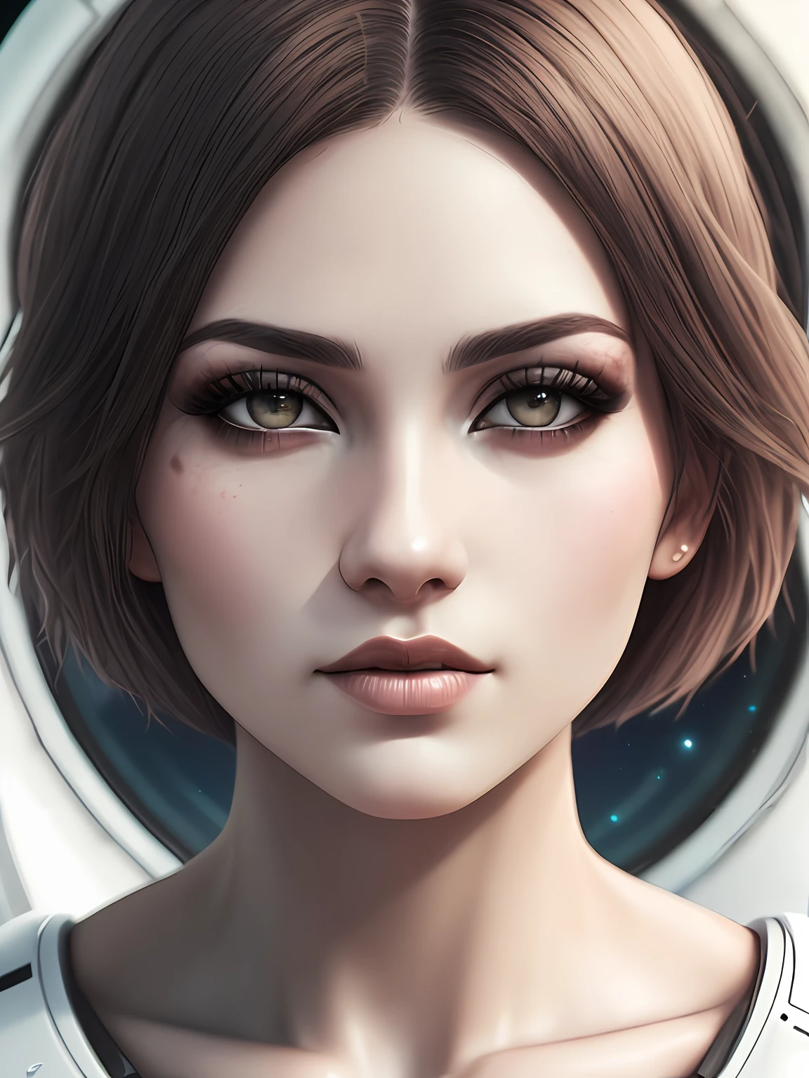 High detail RAW color art, animation, realistic photo, (((wearing white topic))), (((beautiful face))), white skin, Hi-Tech, (((cute muscle woman aboard the spaceship))), goth makeup, magical atmosphere, ((((wery short hair)))), (detailed skin, skin texture), (intricately detailed, fine details, hyperdetailed), raytracing, subsurface scattering, diffused soft lighting, shallow depth of field, by (Oliver Wetter), photographed on a Canon EOS R5, 28mm lens, F/2.8, sharp focus bokeh