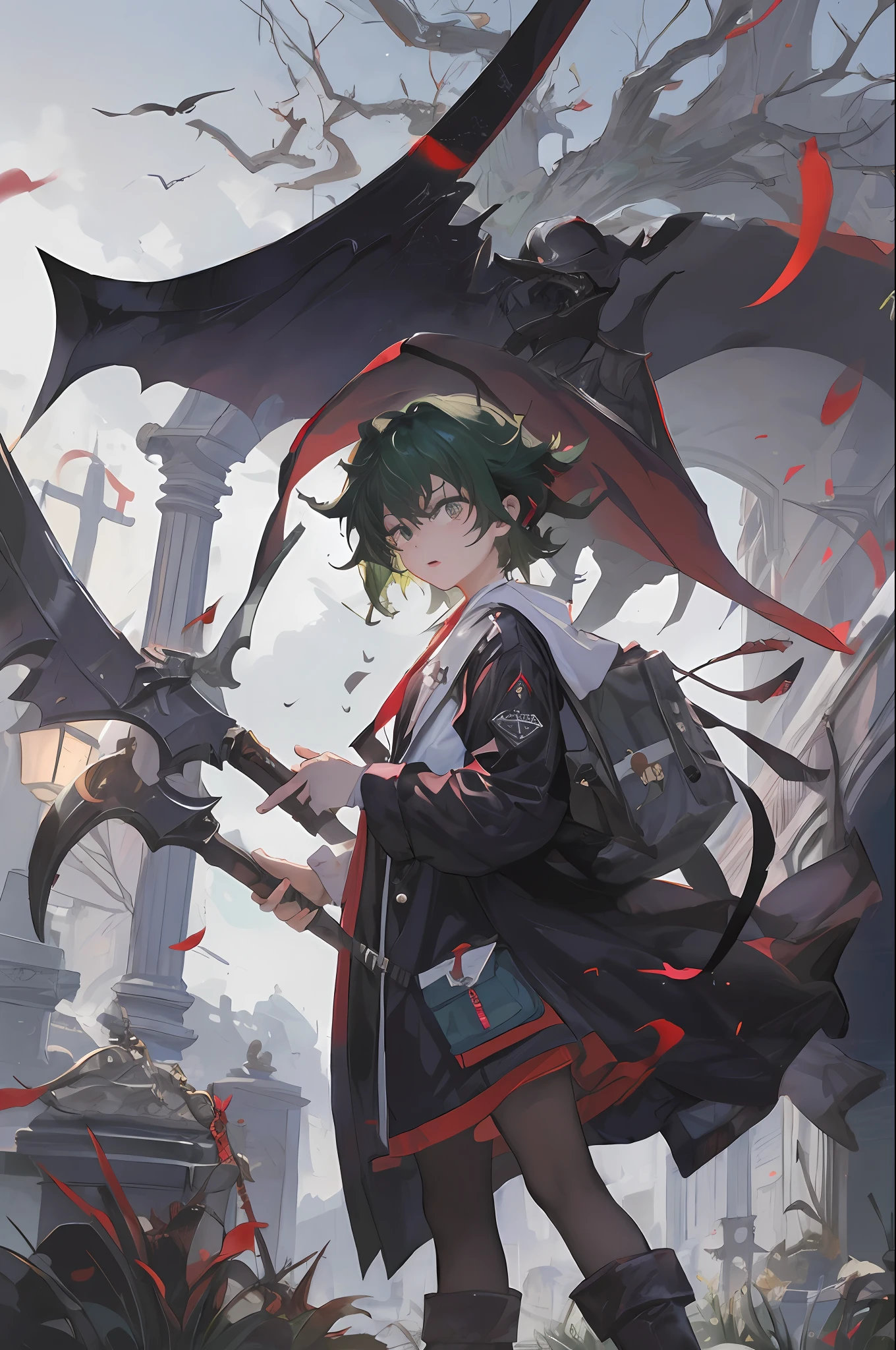 "izuku_midoriya_as_the_grim_reaper dressed_in_plague_doctor's_clothes wielding_a_scythe in_a_cemetery under_the_crimson_moonlight"