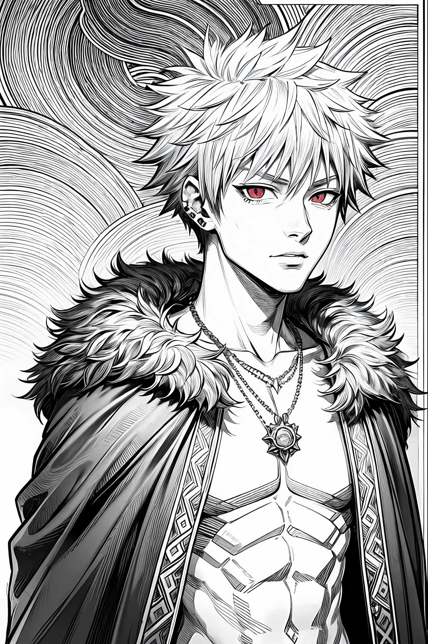 Masterpiece, top quality, 8k, one man, Katsuki bakugo, 15s old,furry cloak over shirtless, necklace, piercings, half-body, shining red eyes, monochrome, line art