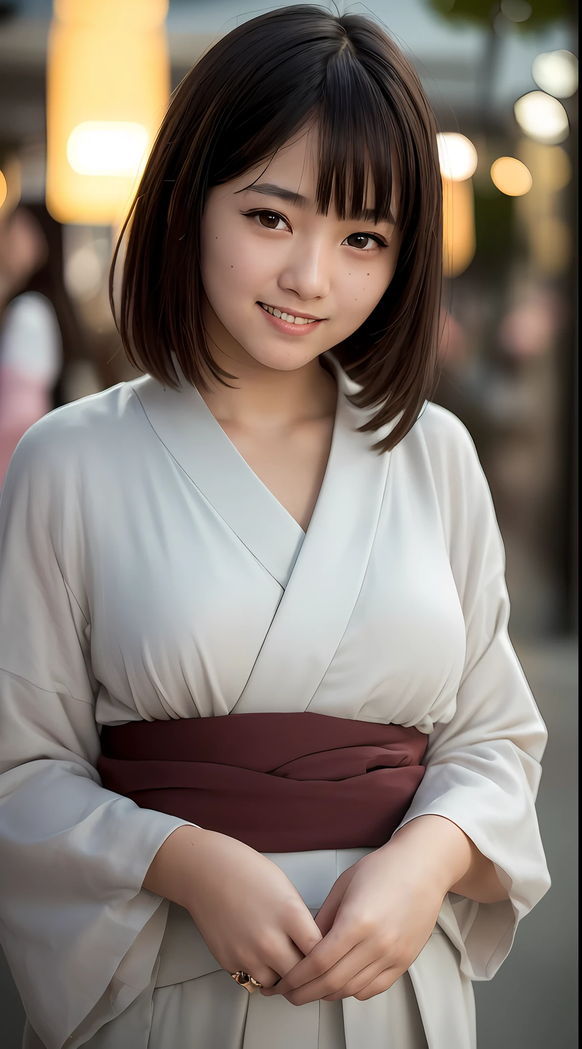 (8k, RAW Photos, Best Quality, High Resolution: 1.1), (Ultra Realistic: 1.4), (Realistic, Photorealistic: 1.3), Soft Light, Girl, 16 Years Old, Japan People, Realistic Face, Realistic Body, Realistic Skin, (Cute: 1.8), Cuties, Solo, (Yukata: 1.2), Detailed Black Eyes, Innocent Eyes, Cheeks, (Short Hair: 1.2), Cinema Light, Film Grain, ((Big: 1.1)), Cherry Colored Lips, Close Up, Look Viewer, Upper Body, Open Lips, Upper Teeth, (Smiling Eyes: 0.6), (((grinning: 1.2)), Depth of Field, Blurred Background, Eye Focus, Bokeh, Japan Summer Festival, Evening, 85mm Lens, f/1.4, Professional Lighting, Young, Portrait, Photon Mapping, Radiosity, Physically Based Rendering
